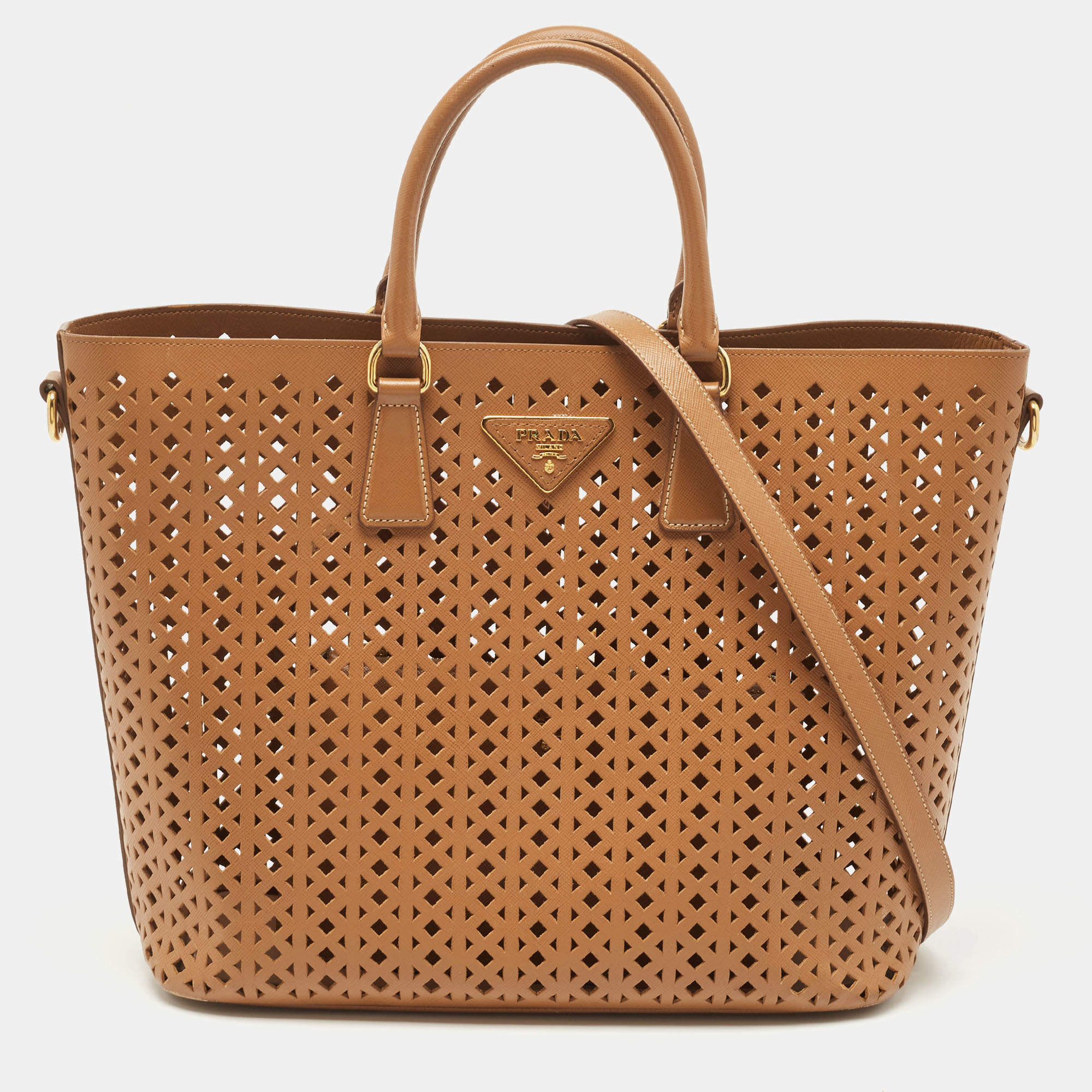 Prada Tan Lasercut Saffiano Leather Open Tote