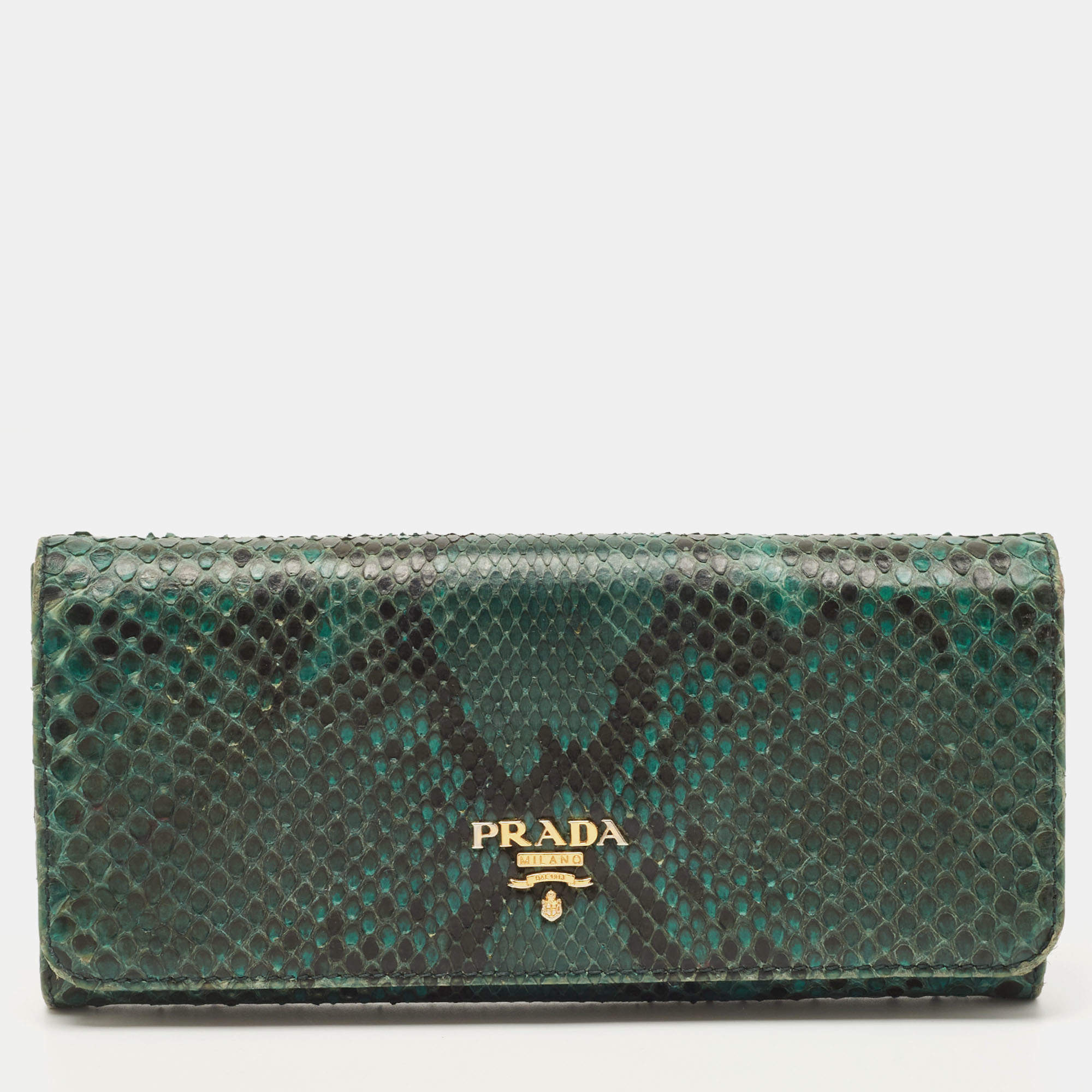 Pre Owned Prada Green/Black Python Flap Continental Wallet