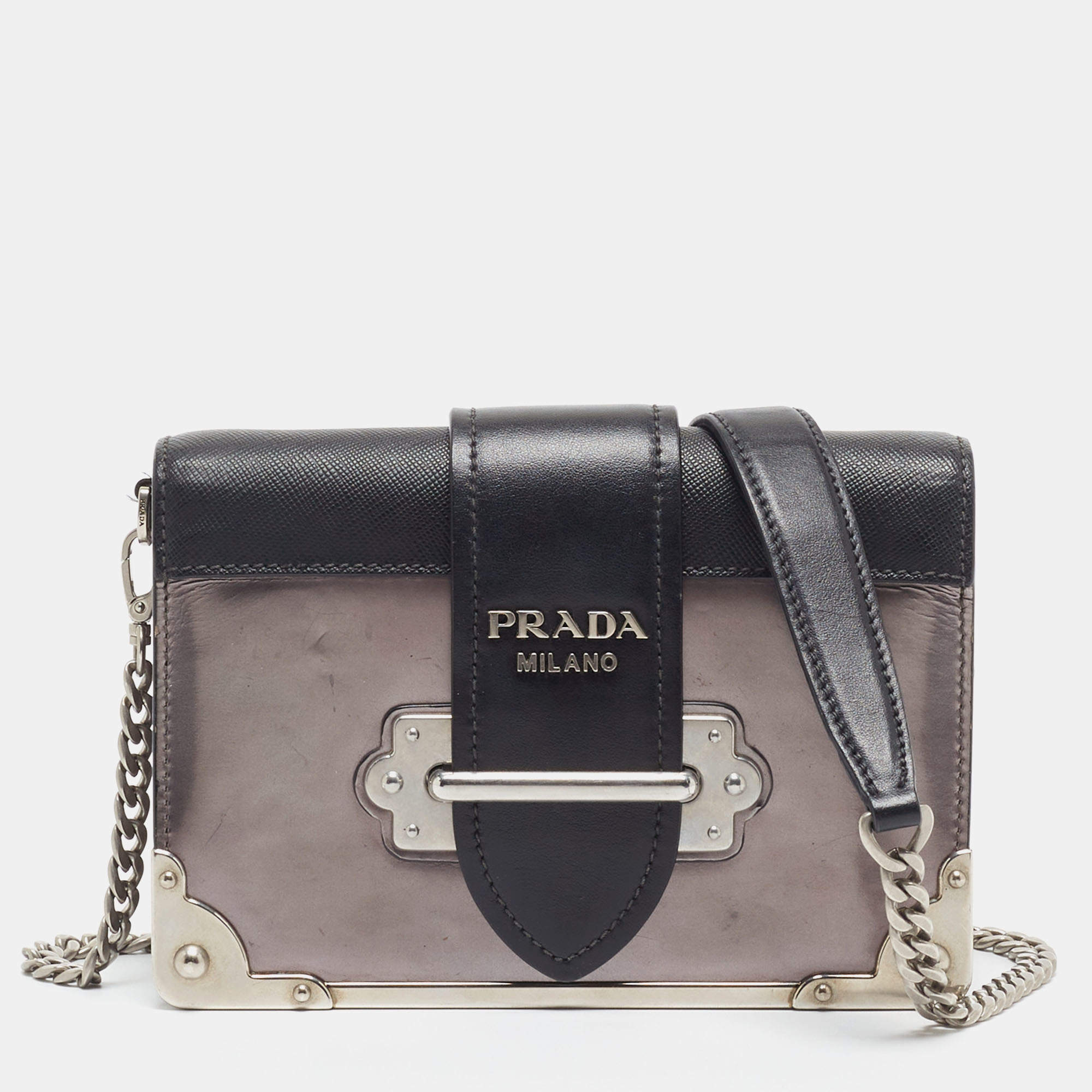 Prada Black/Metallic Saffiano Lux and Patent Leather Cahier Bag