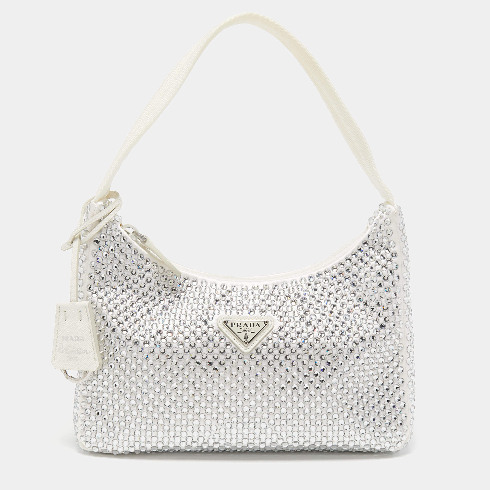Pre Owned Prada White Satin Crystal Embellished Re-Edition 2000 Baguette