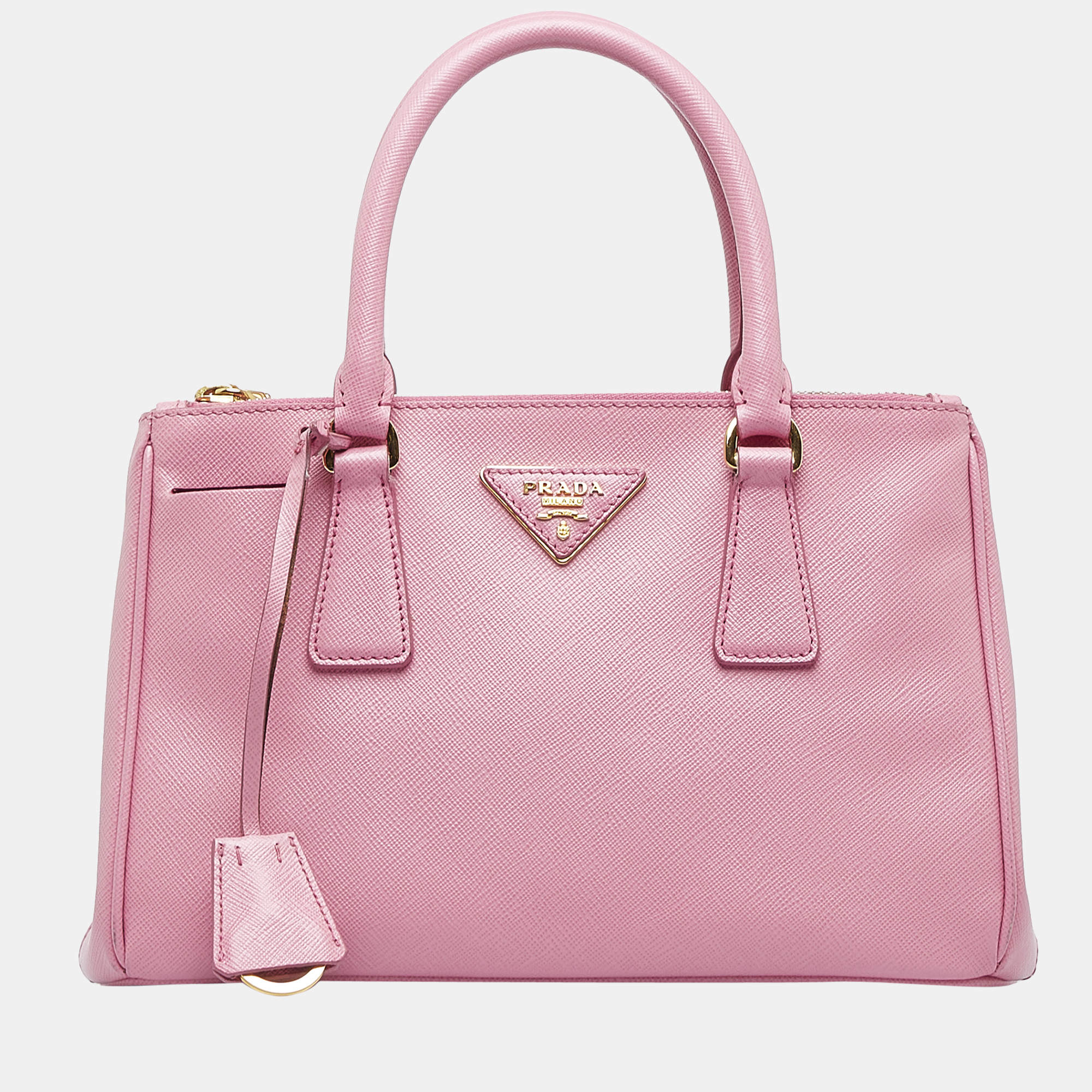 Prada Hand Bag Galleria Double Zip Pink Saffiano Leather Small Tote Auth