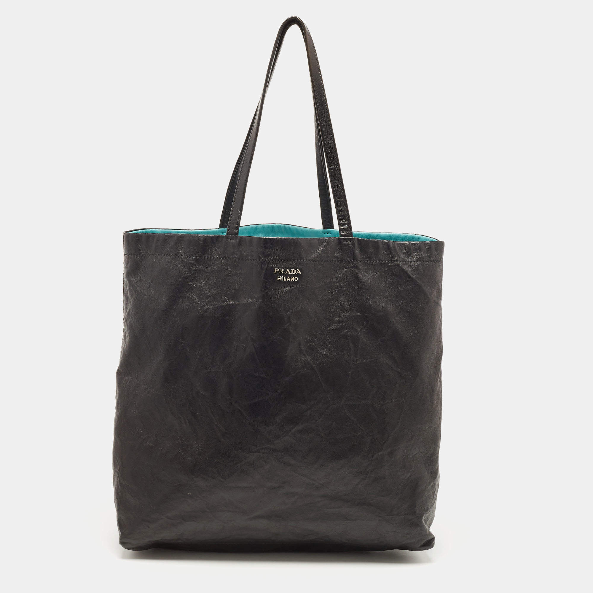 Pre Owned Prada Black/Teal Blue Nappa Antique Leather Reversible Tote