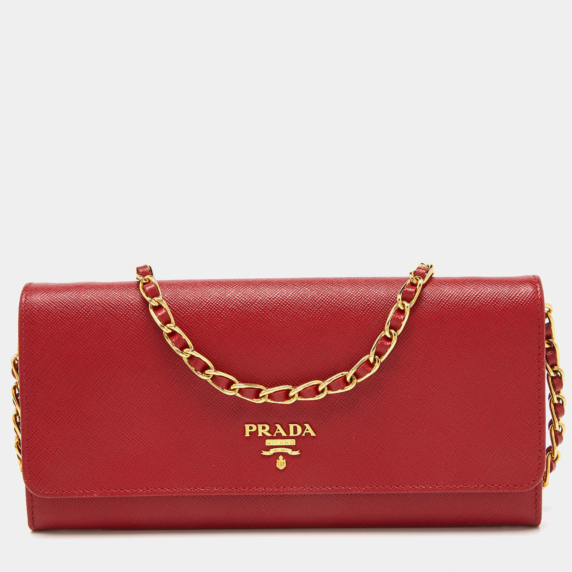 Prada Saffiano Wallet on a Chain, Red (Fuoco)