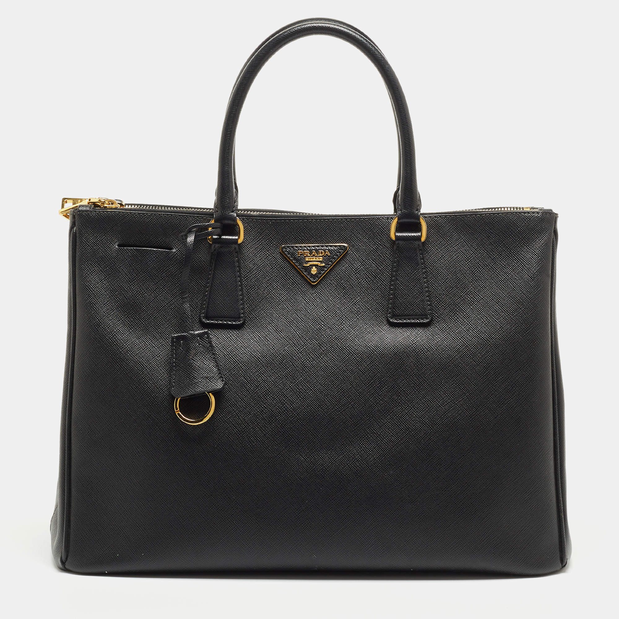 Pre Owned Prada Black Saffiano Leather Large Double Zip Tote