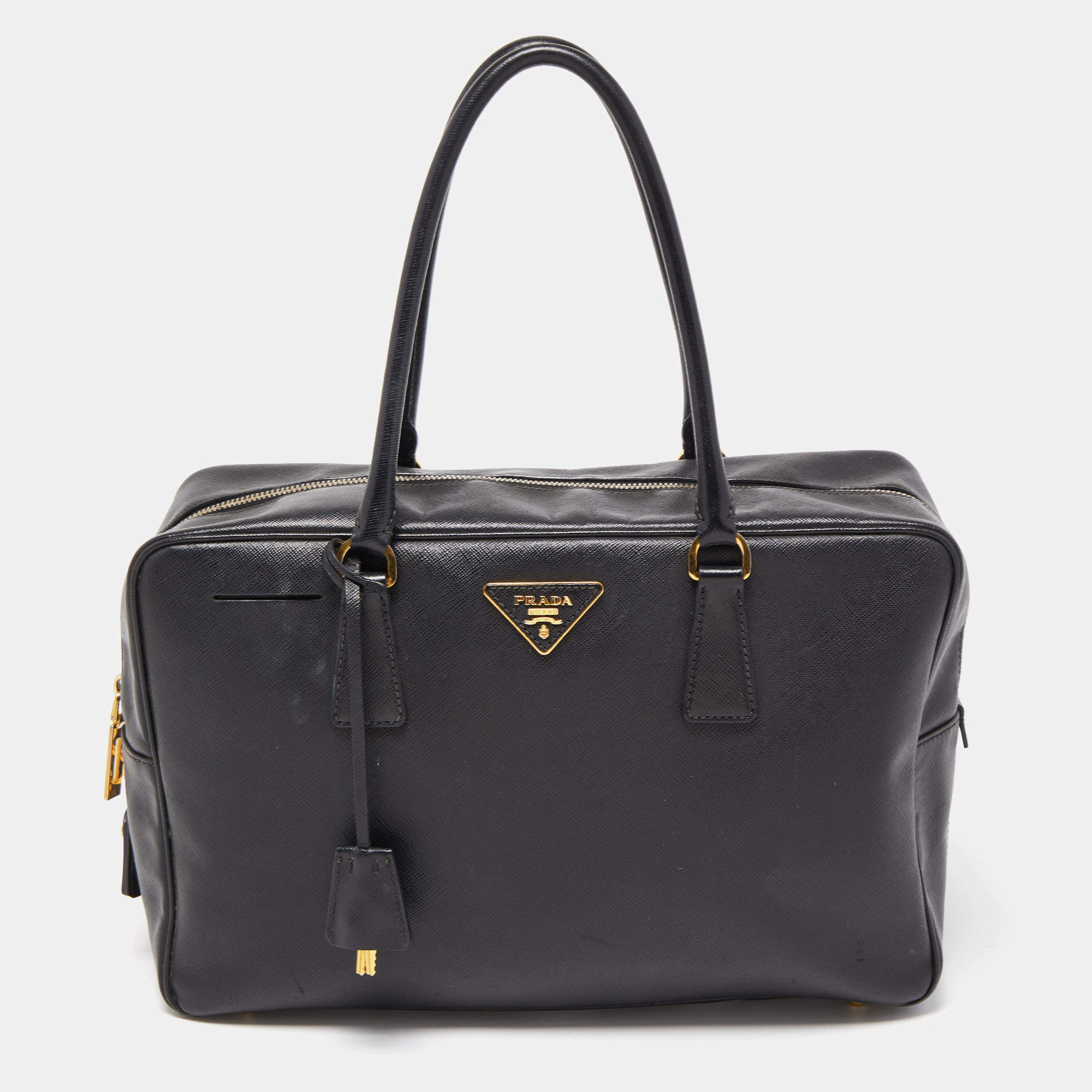 Pre Owned Prada Black Saffiano Lux Leather Bauletto Duffel Bag