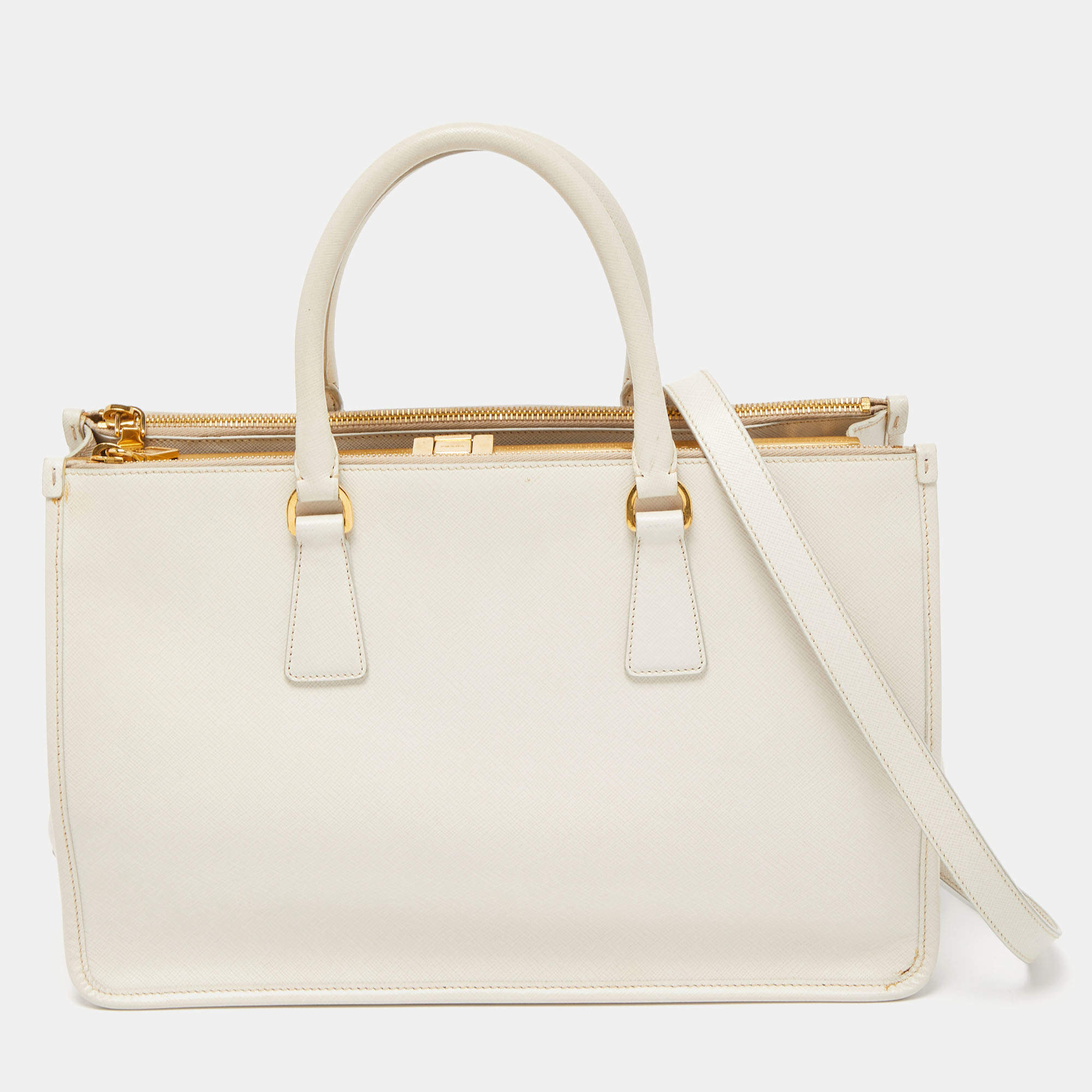 Pre Owned Prada White Saffiano Lux Leather Frame Tote