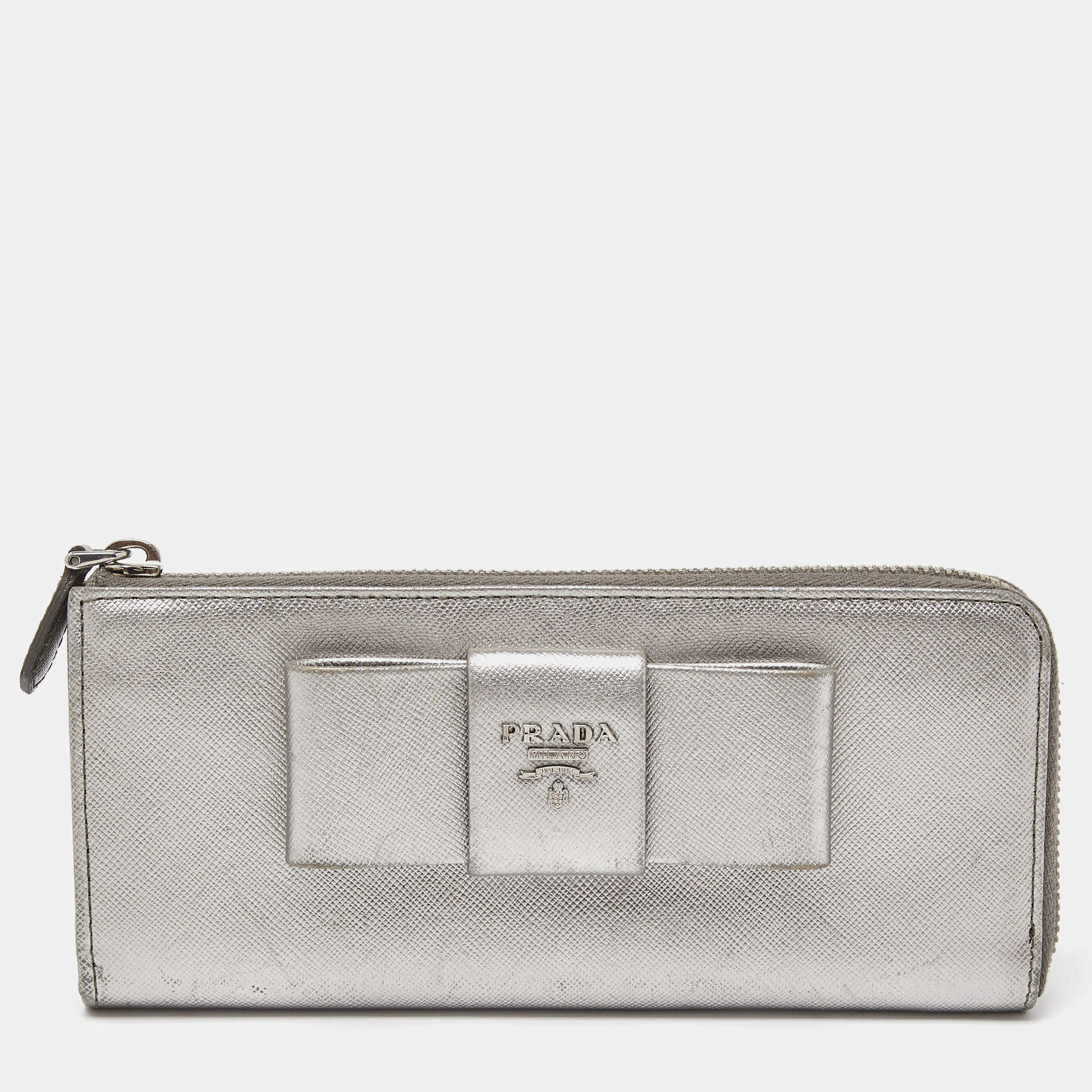 Prada Silver Saffiano Lux Leather Zip Around Wallet Prada | TLC