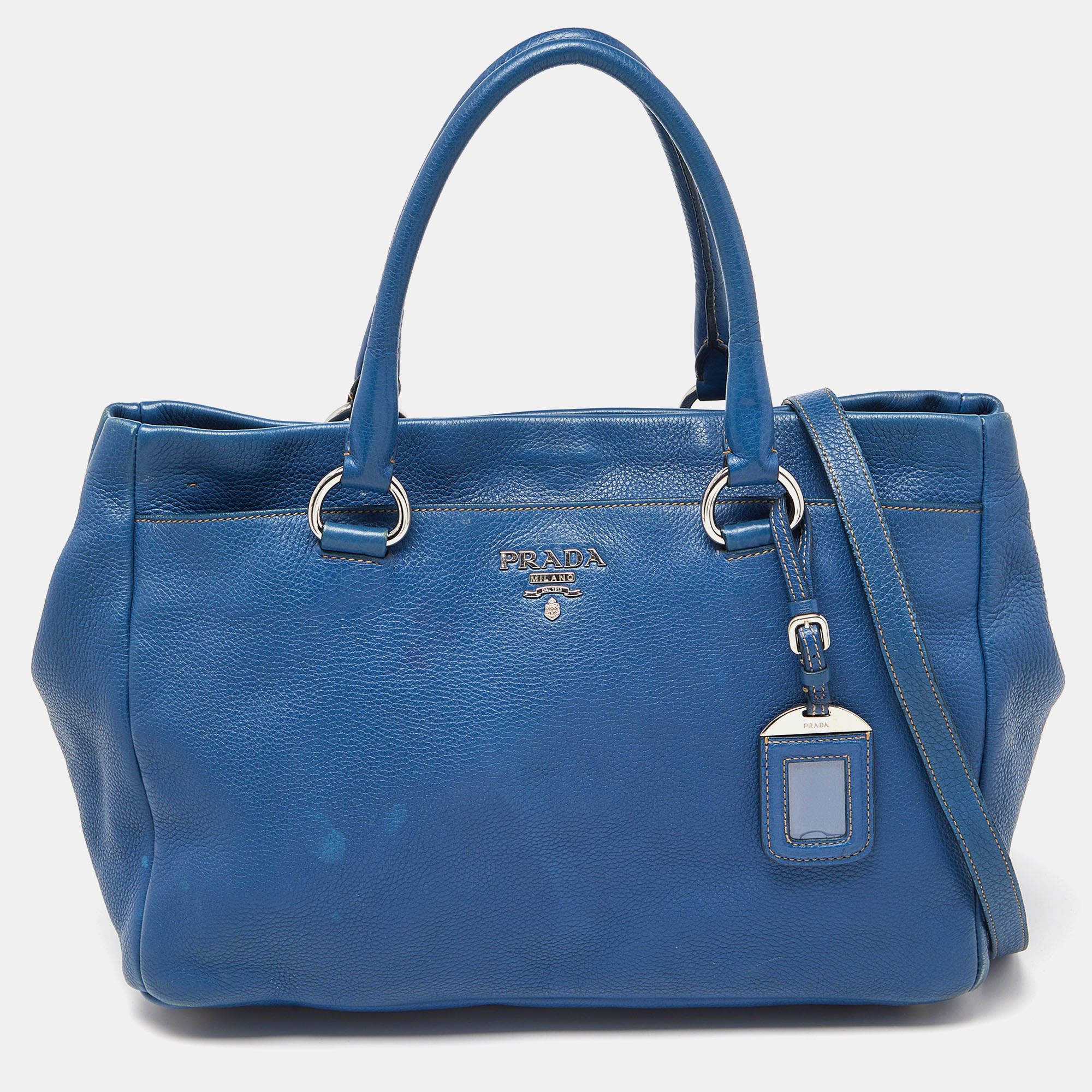 Pre Owned Prada Blue Vitello Daino Leather Tote