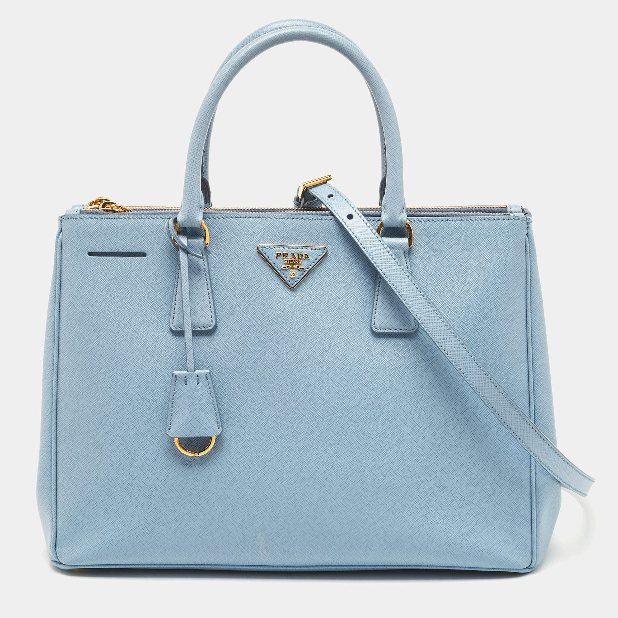 Pre Owned Prada Sky Blue Saffiano Lux Leather Medium Double Zip Tote