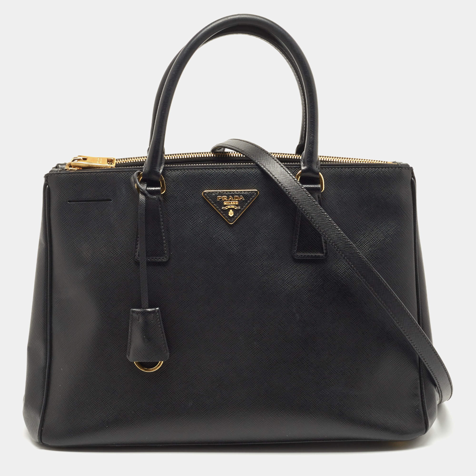 Pre Owned Prada Black Saffiano Lux Leather Galleria Double Zip Tote