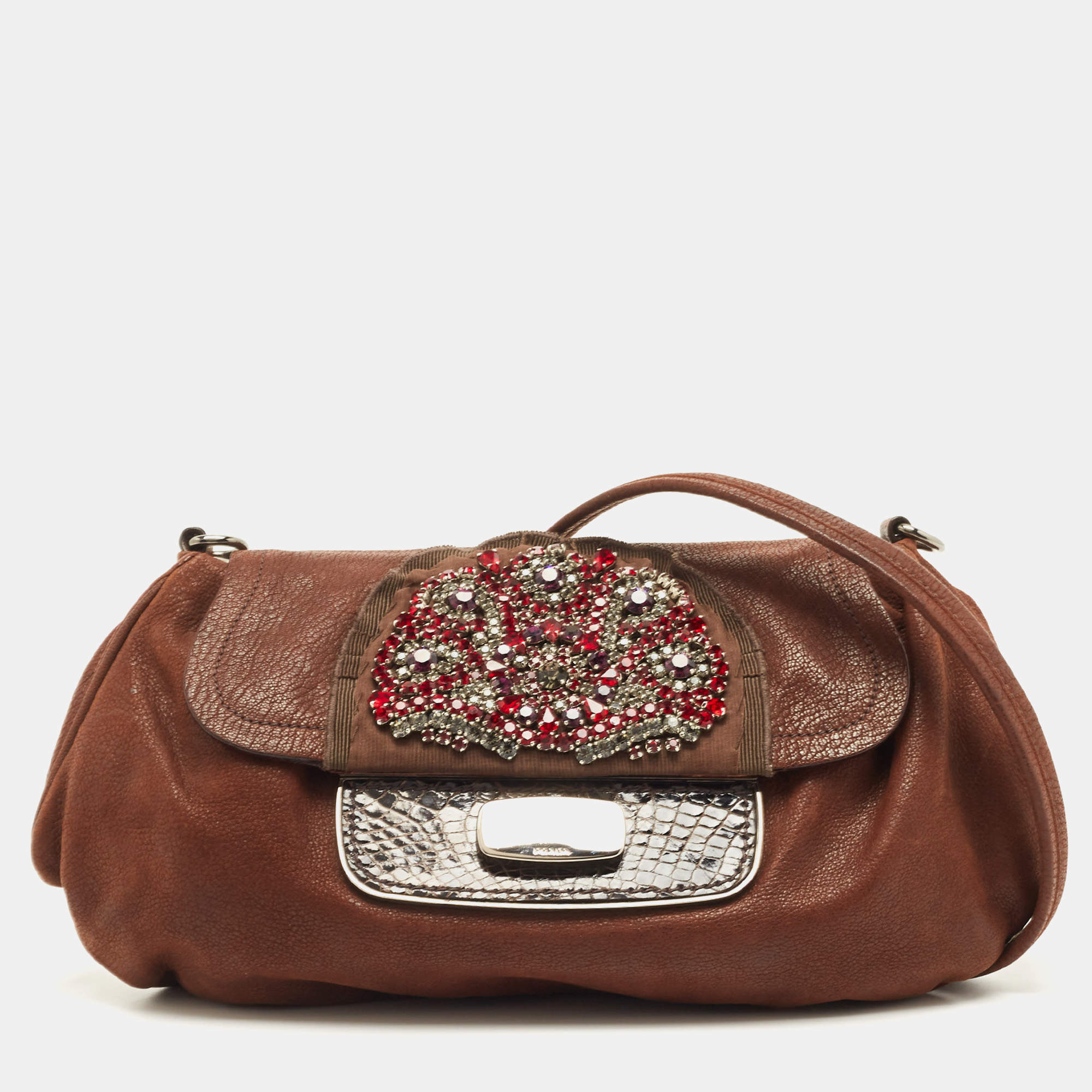 Pre Owned Prada Brown Leather Rhinestones Embellished Flap Bag