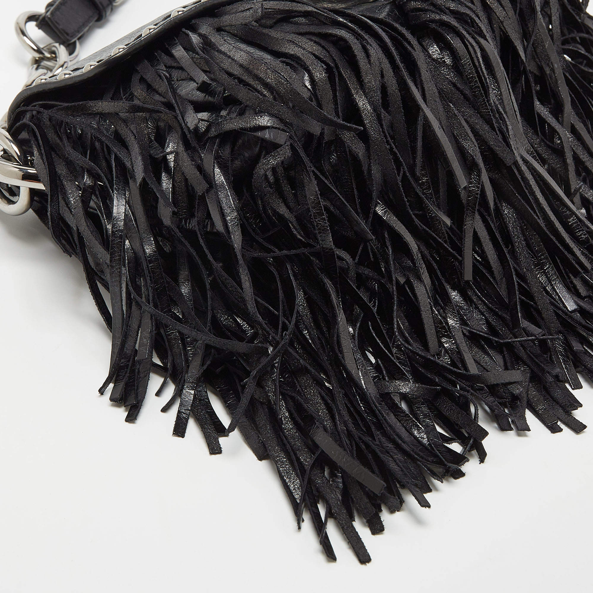 Prada Black Vitello Shine Leather Fringe Shoulder Bag at 1stDibs