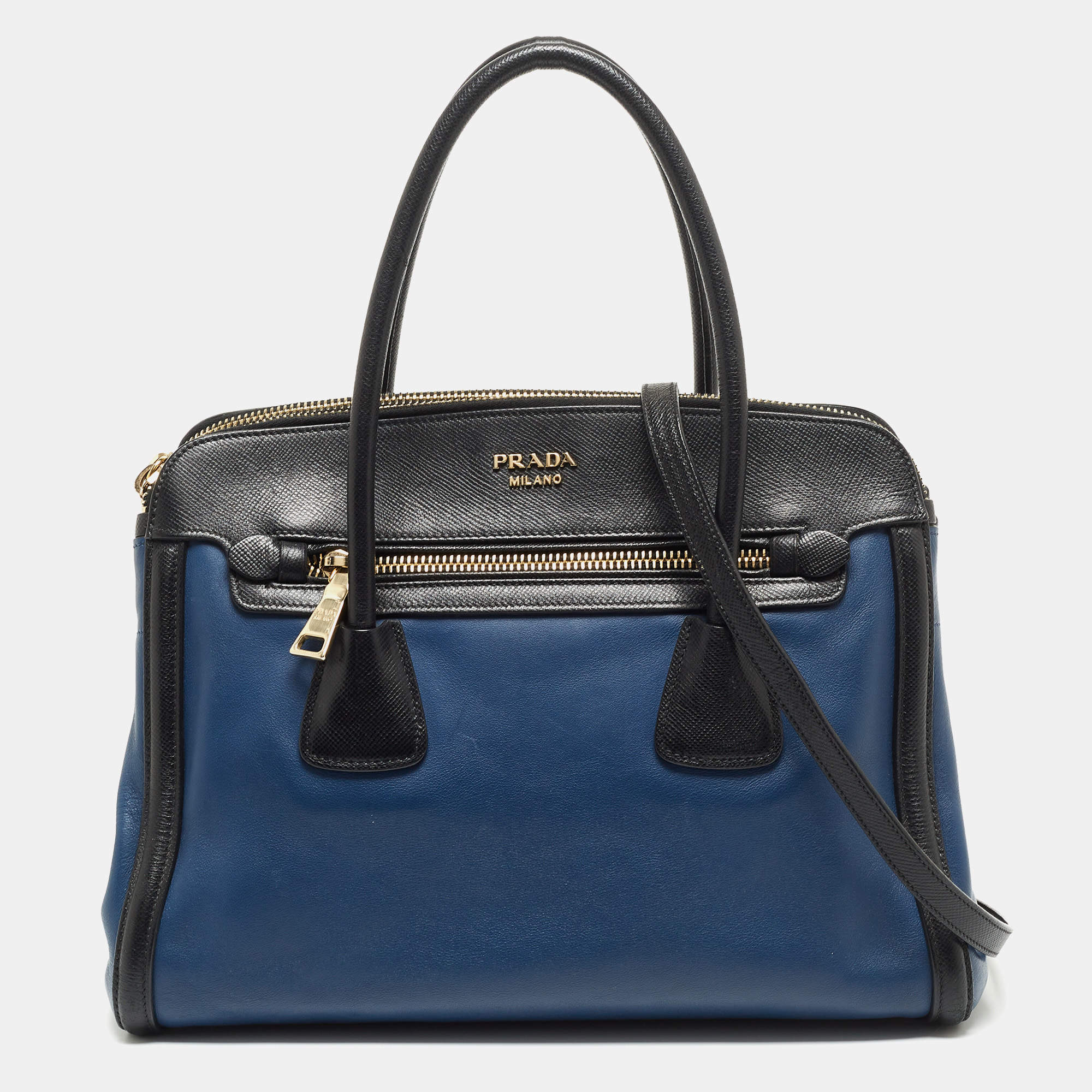 Pre Owned Prada Blue/Black Saffiano Leather Double Zip Satchel