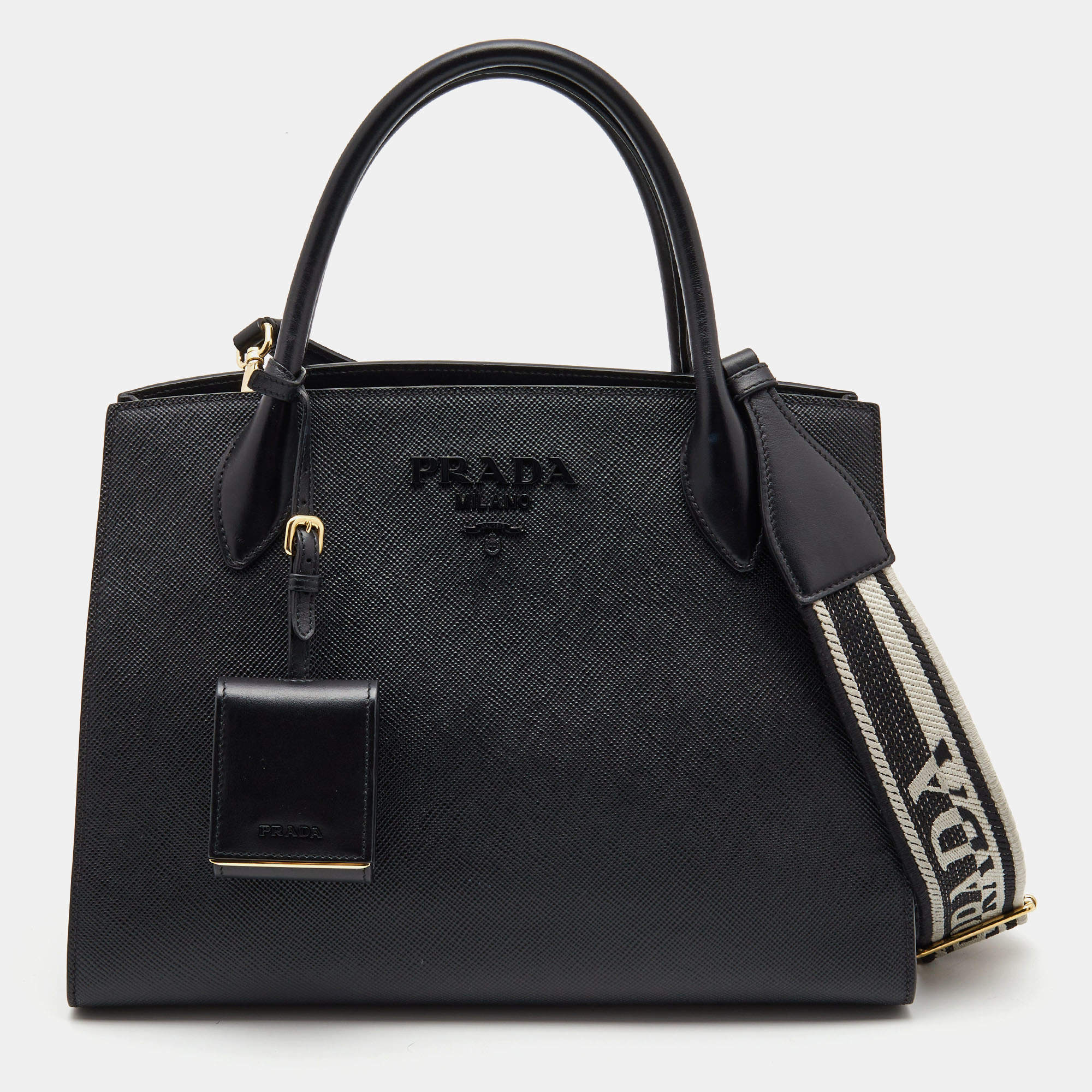 Pre Owned Prada Black Saffiano Leather Medium Monochrome Tote