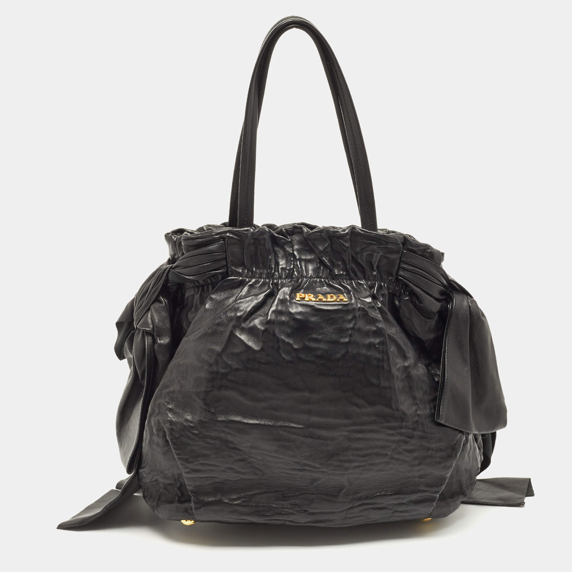 مملوكة مسبقًا Prada Black Antique Leather Bow Tote
