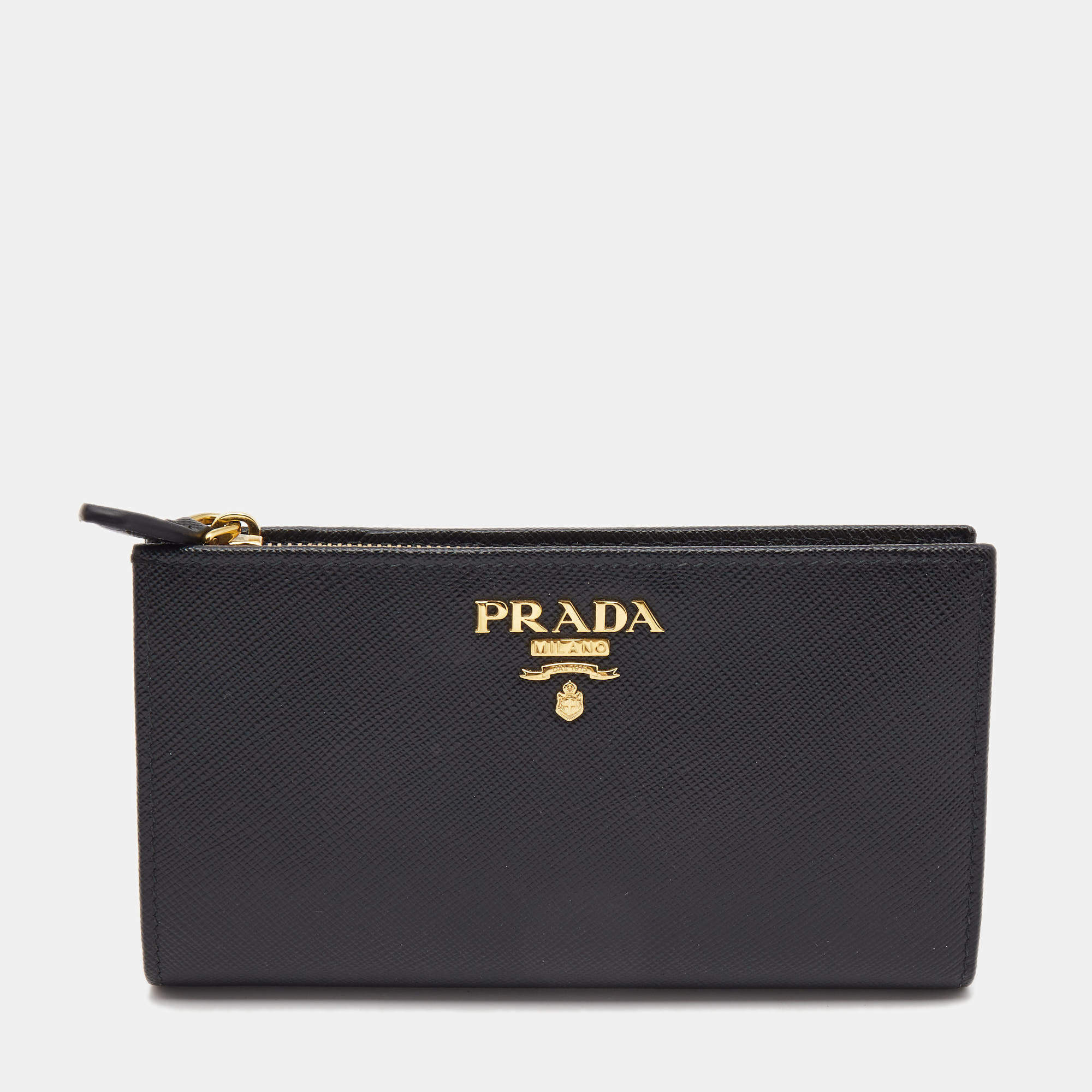 Prada Black Saffiano Metal Leather Middle Zip Wallet Prada