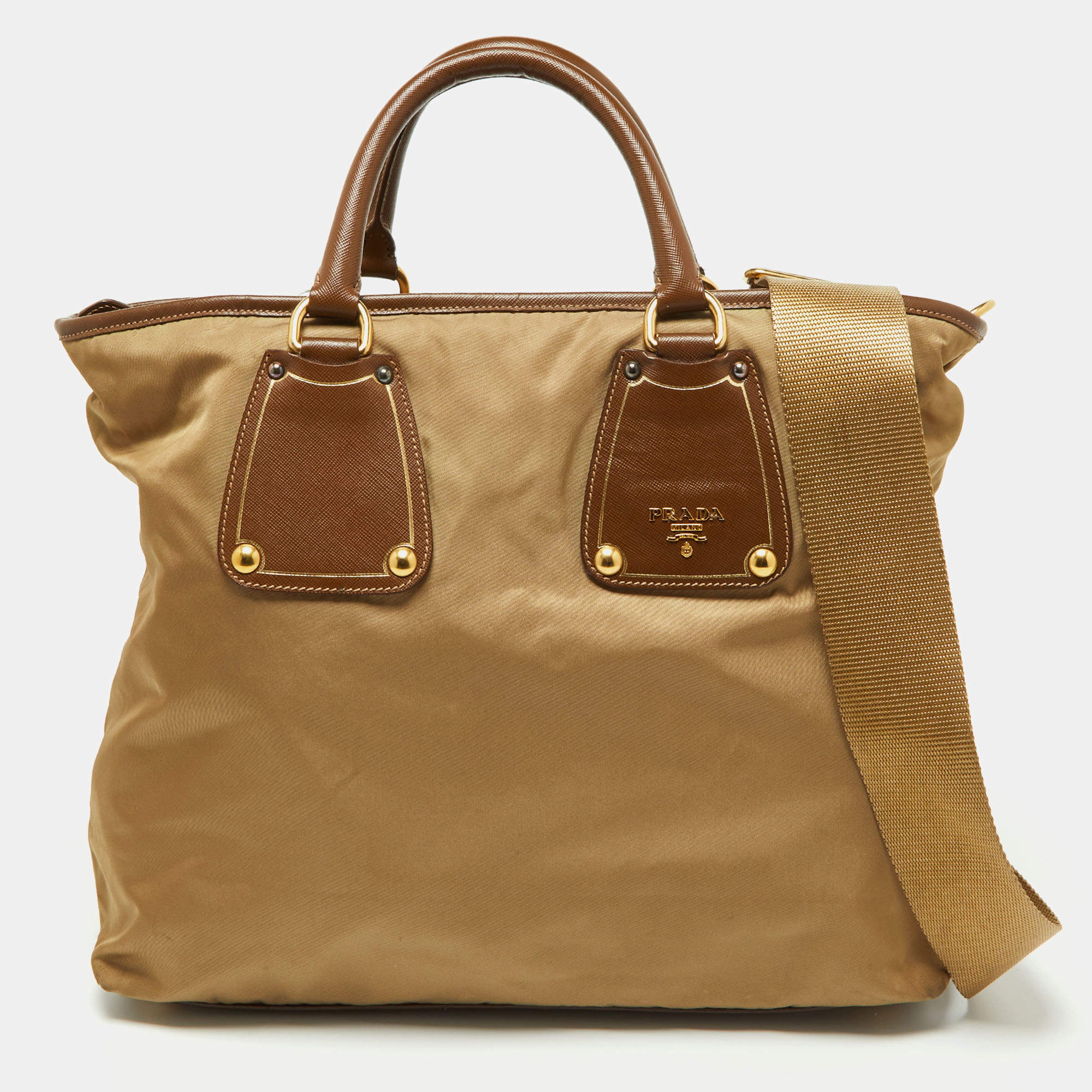 Pre Owned Prada Beige/Tan Nylon and Leather Tote