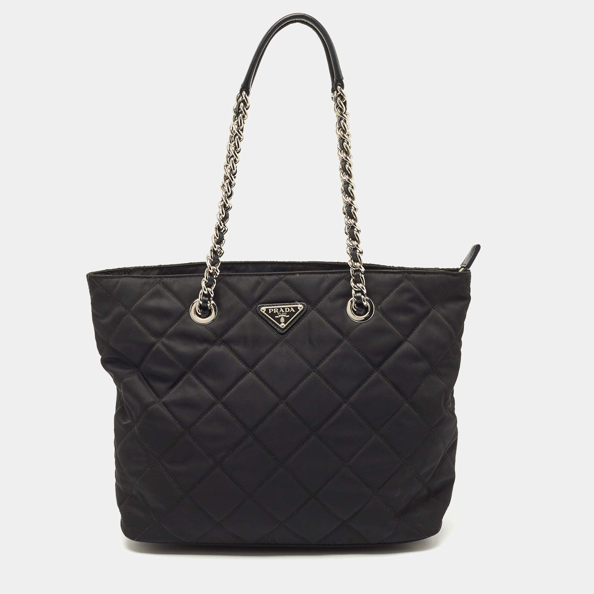 Pre Owned Prada Black Quilted Tessuto Impuntu Chain Tote