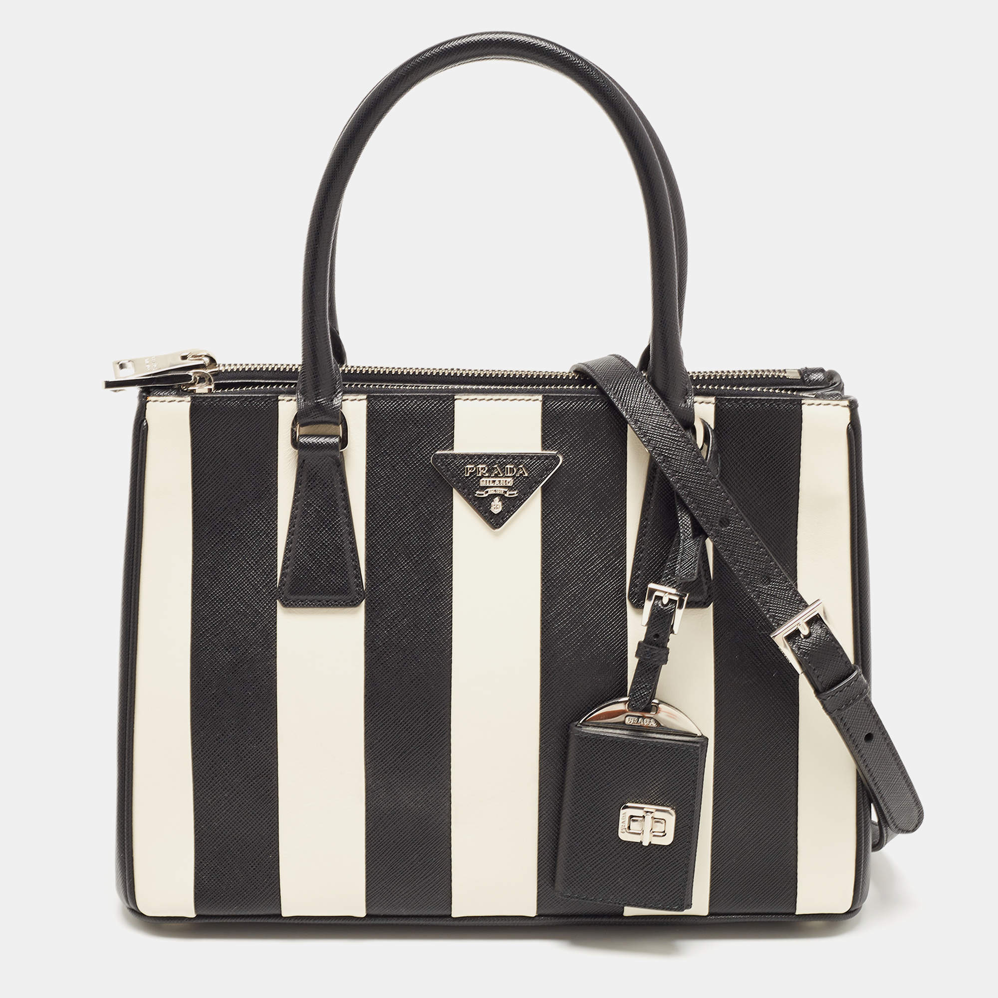 Prada Black/White Saffiano Leather Small Stripe Double Zip Tote