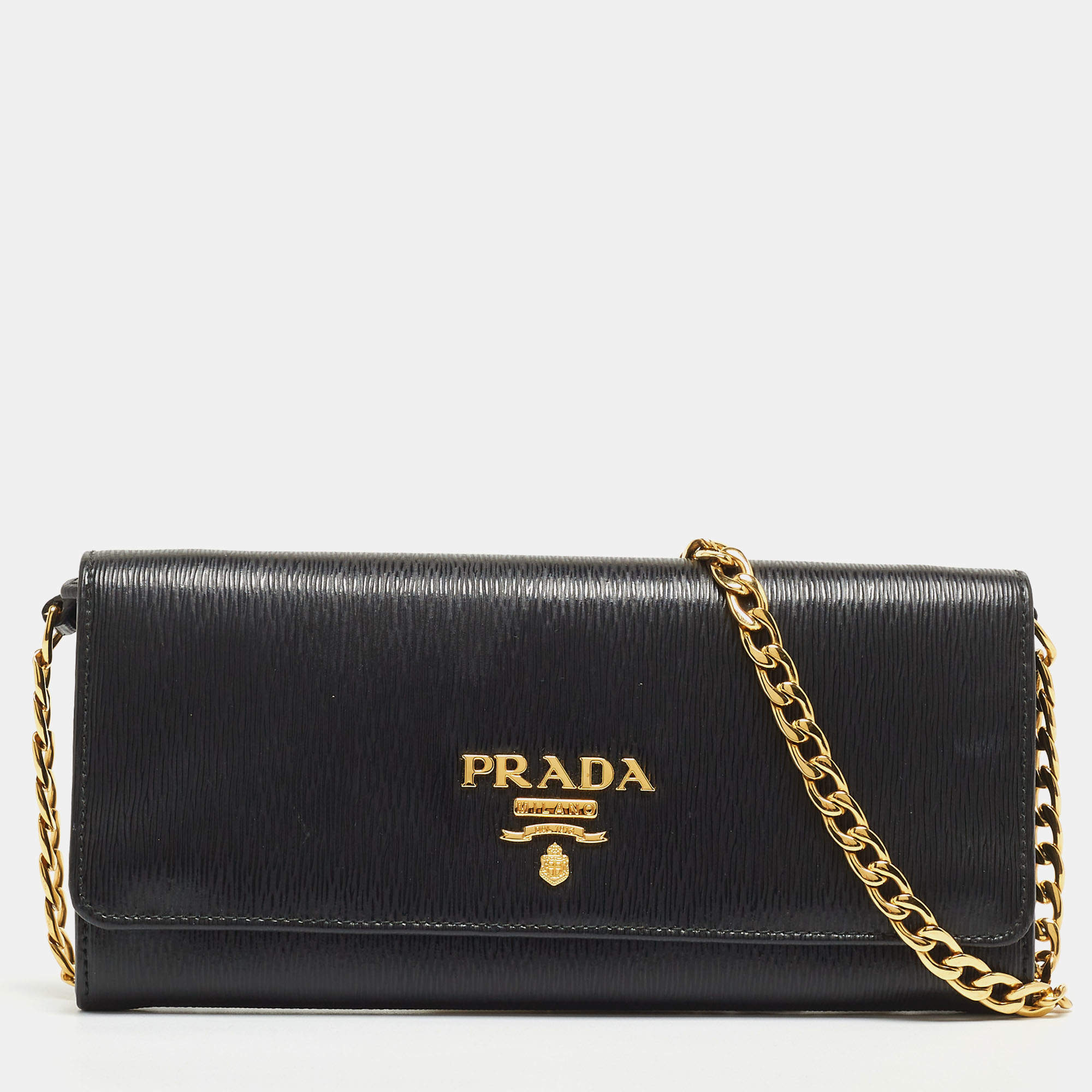 Pre Owned Prada Black Saffiano Move Leather Oro Chain Wallet On chain