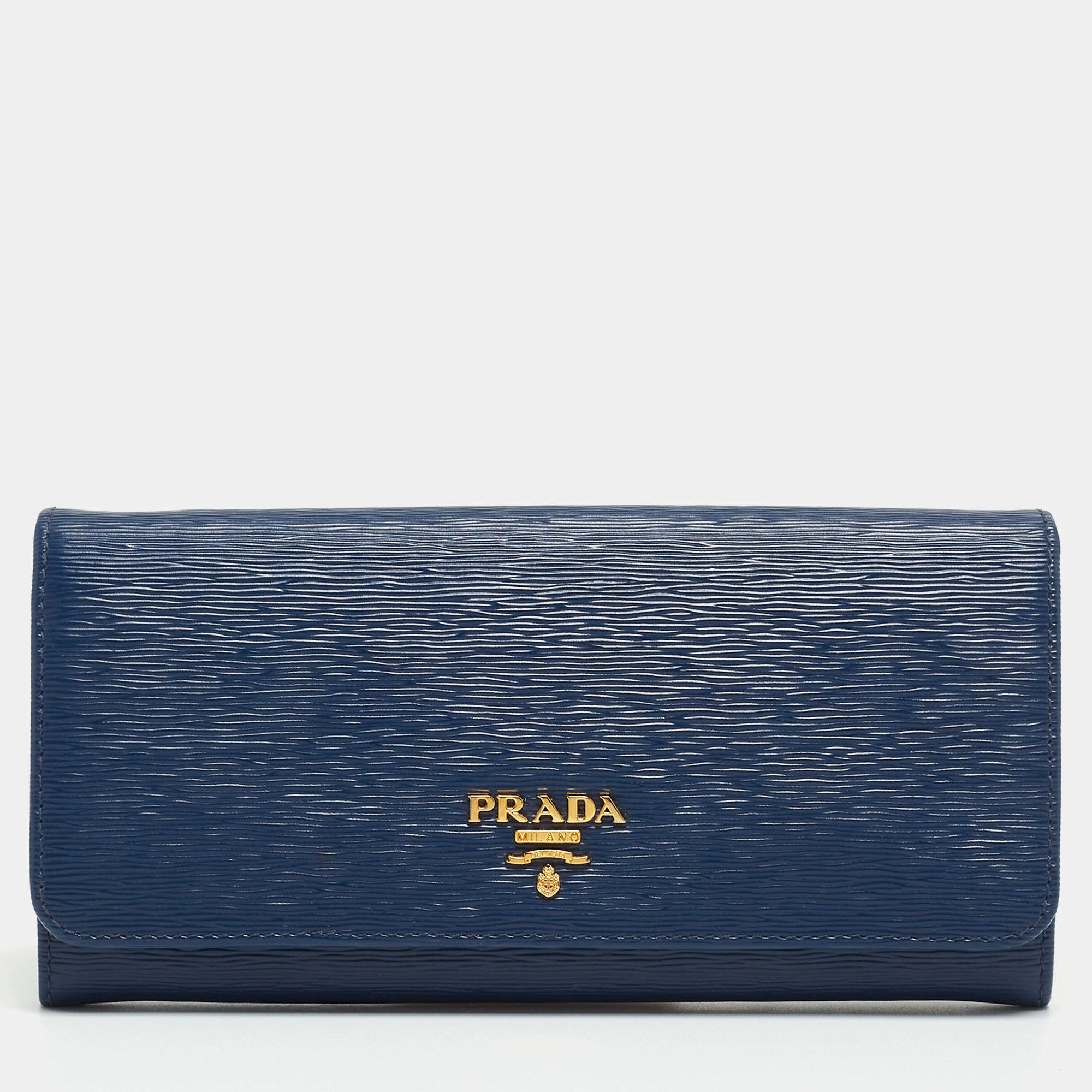 Prada Navy Blue Move Leather Logo Flap Continental Wallet