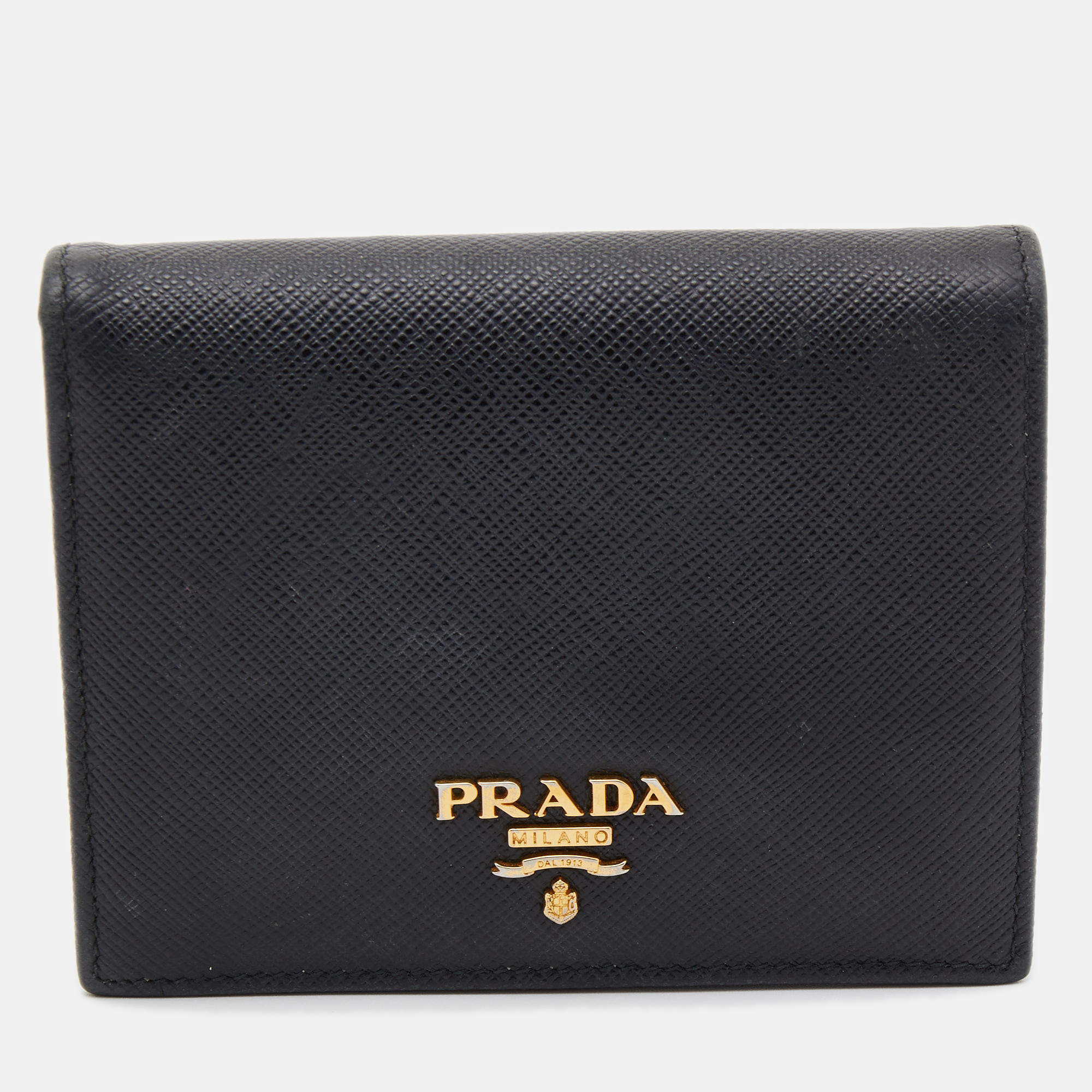 Pre Owned Prada Black Saffiano Metal Leather Logo Flap Card Case