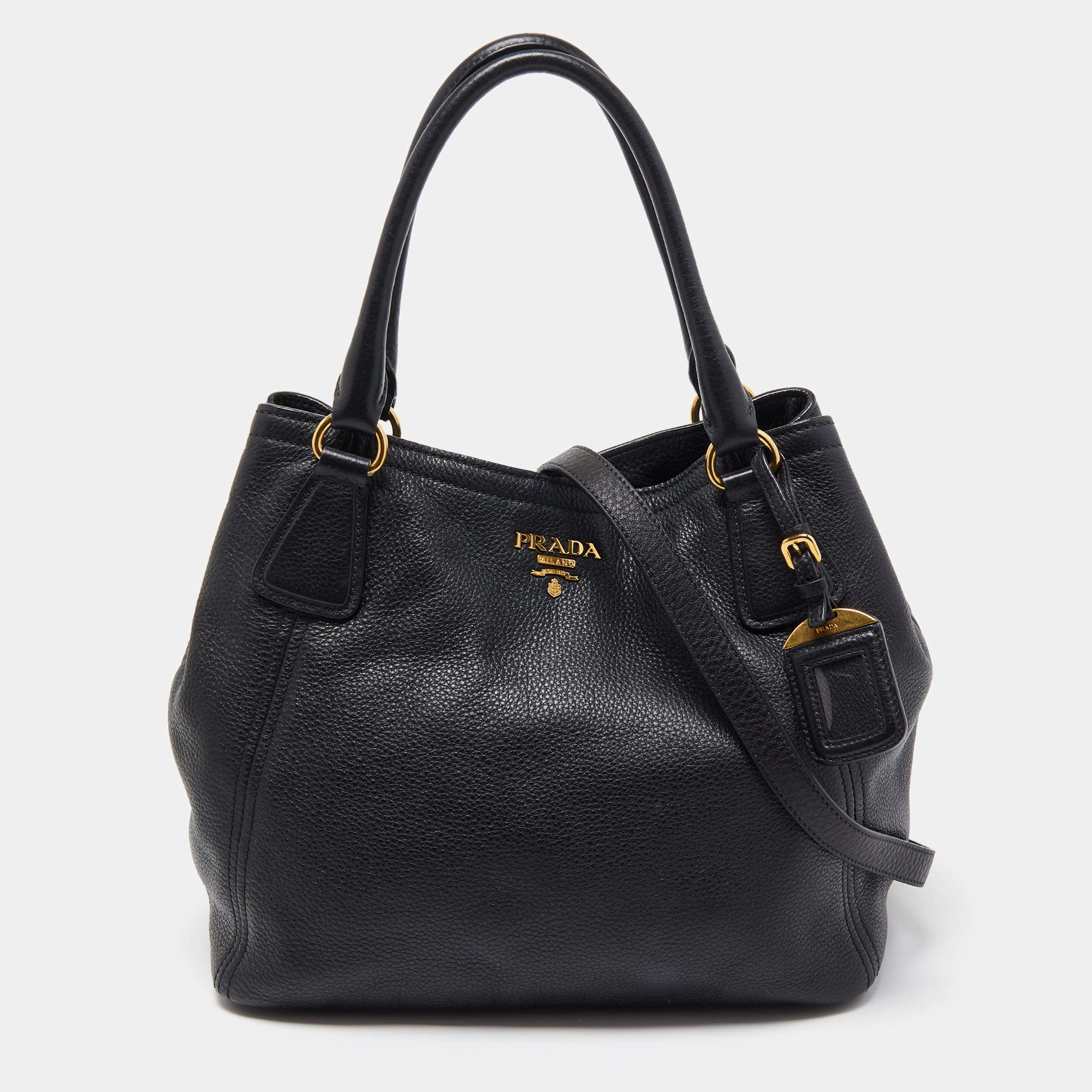 Prada Black Vitello Daino Leather Snap Tote