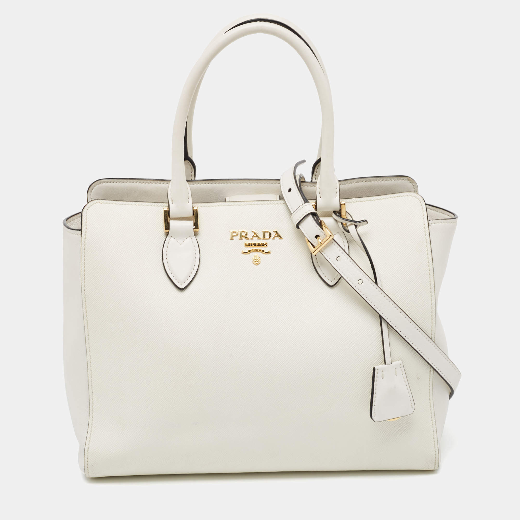 Prada Two Tone Off White Saffiano Lux/Soft Leather Convertible Tote