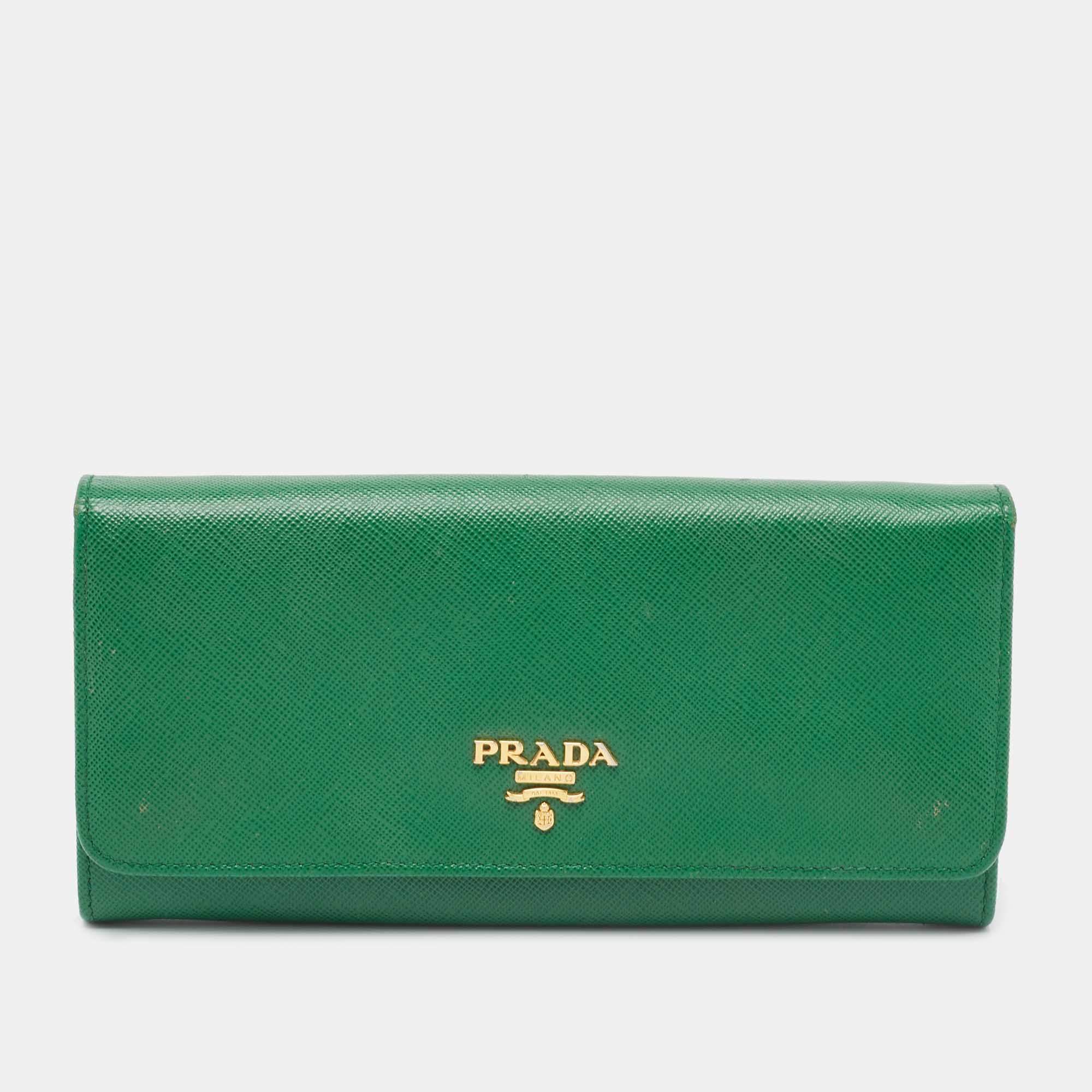 Pre Owned Prada Green Saffiano Lux Leather Logo Flap Continental Wallet