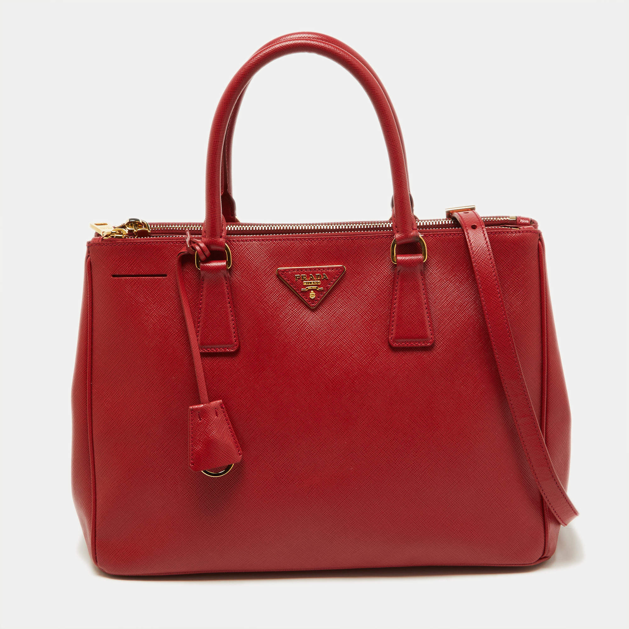Pre Owned Prada Red Saffiano Lux Leather Medium Double Zip Tote