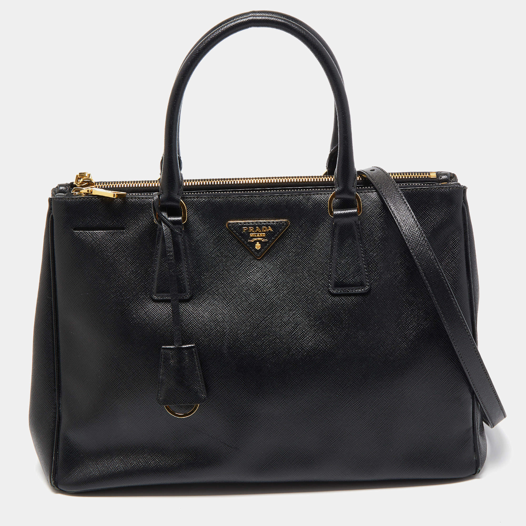 Pre Owned Prada Black Saffiano Leather Medium Galleria Double Zip Tote