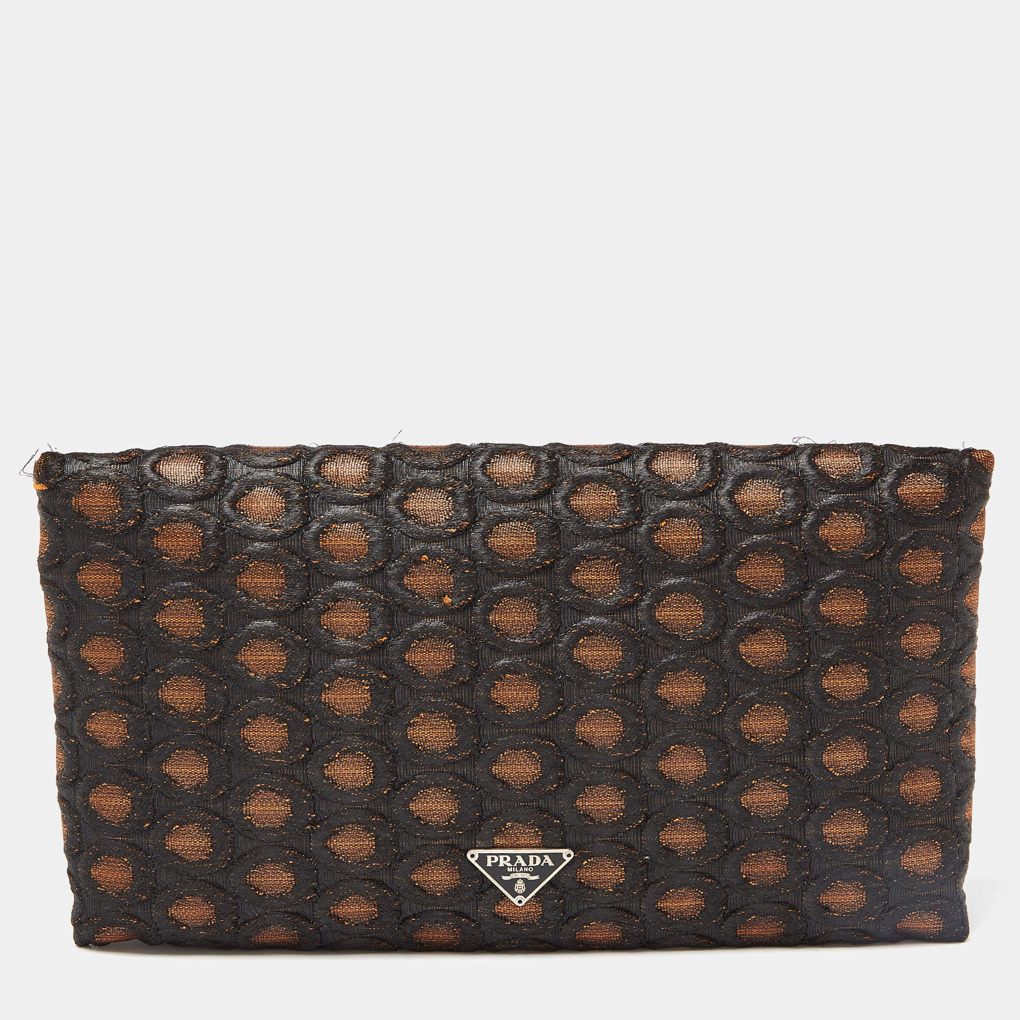 Pre Owned Prada Brown/Beige Embroidered Fabric Frame Clutch 