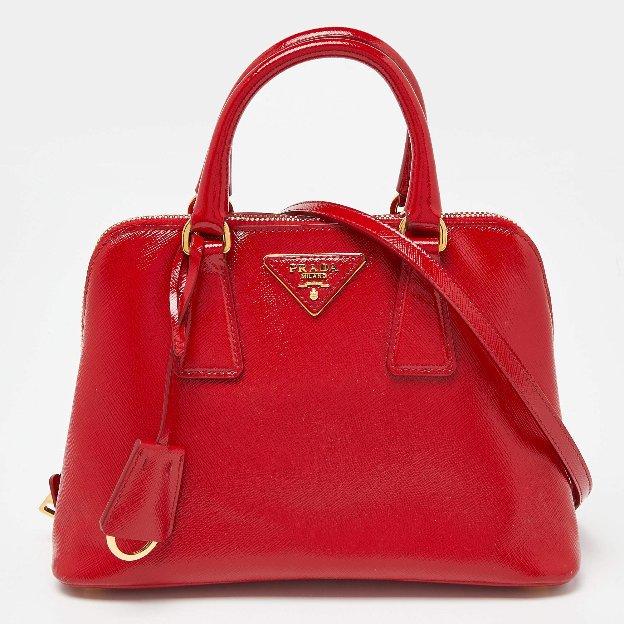 Prada Red Saffiano Patent Leather Small Promenade Satchel