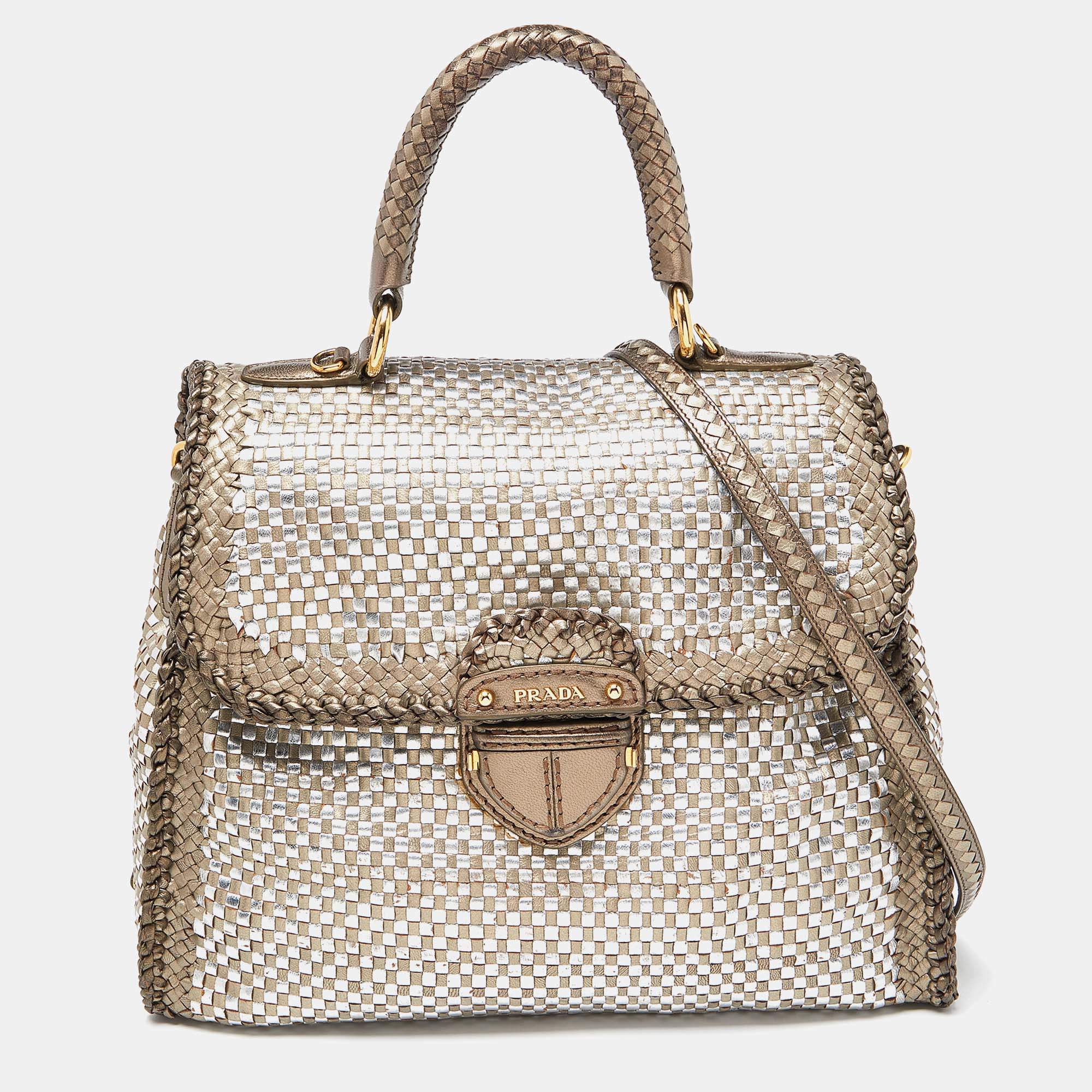 Pre Owned Prada Metallic Silver Woven Madras Leather Top Handle Bag