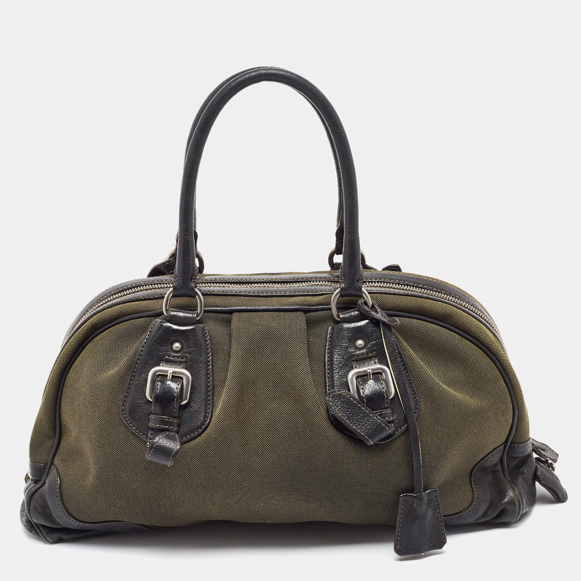 Pre Owned Prada Black/Military Green Canvas Jacquard Logo Satchel
