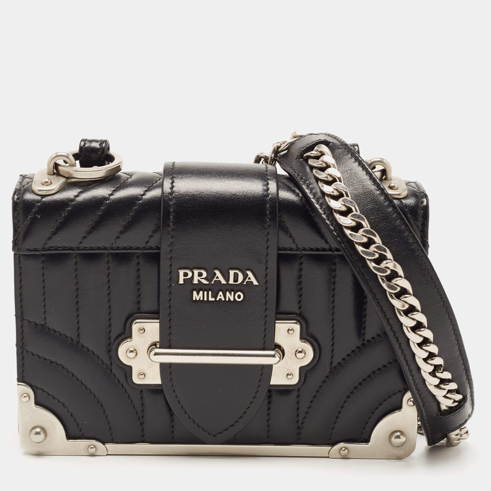 Pre Owned Prada Black Diagramme Leather Cahier Shoulder Bag
