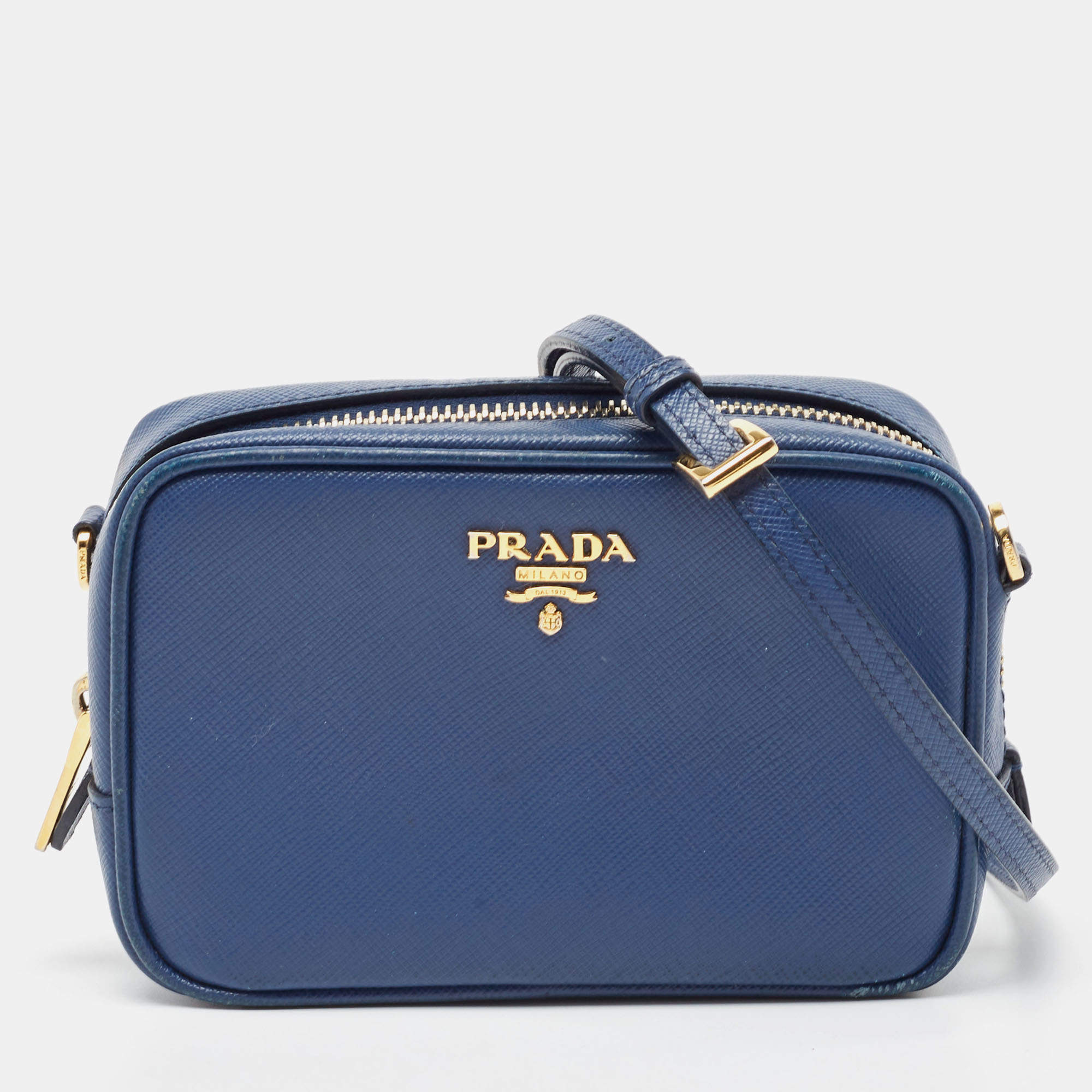 Pre Owned Prada Blue Saffiano Lux Leather Mini Camera Crossbody Bag