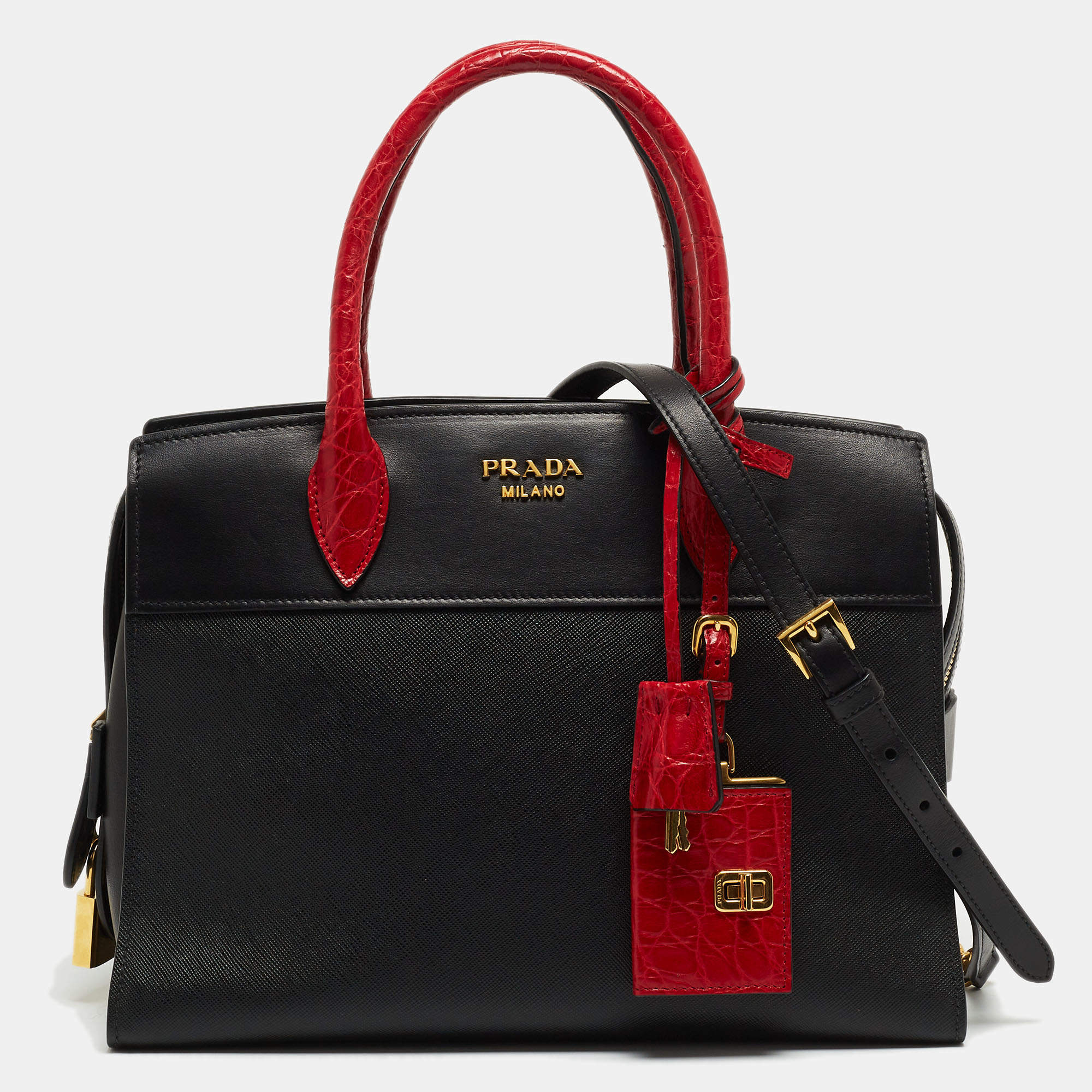 Pre Owned Prada Red/Black Crocodile and Saffiano Lux Leather Medium Esplanade Satchel