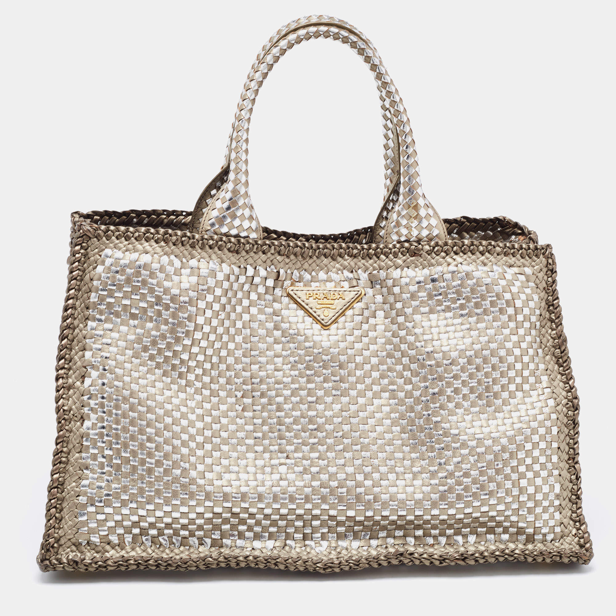Prada Silver/Two Tone Metallic Beige Madras Leather Tote