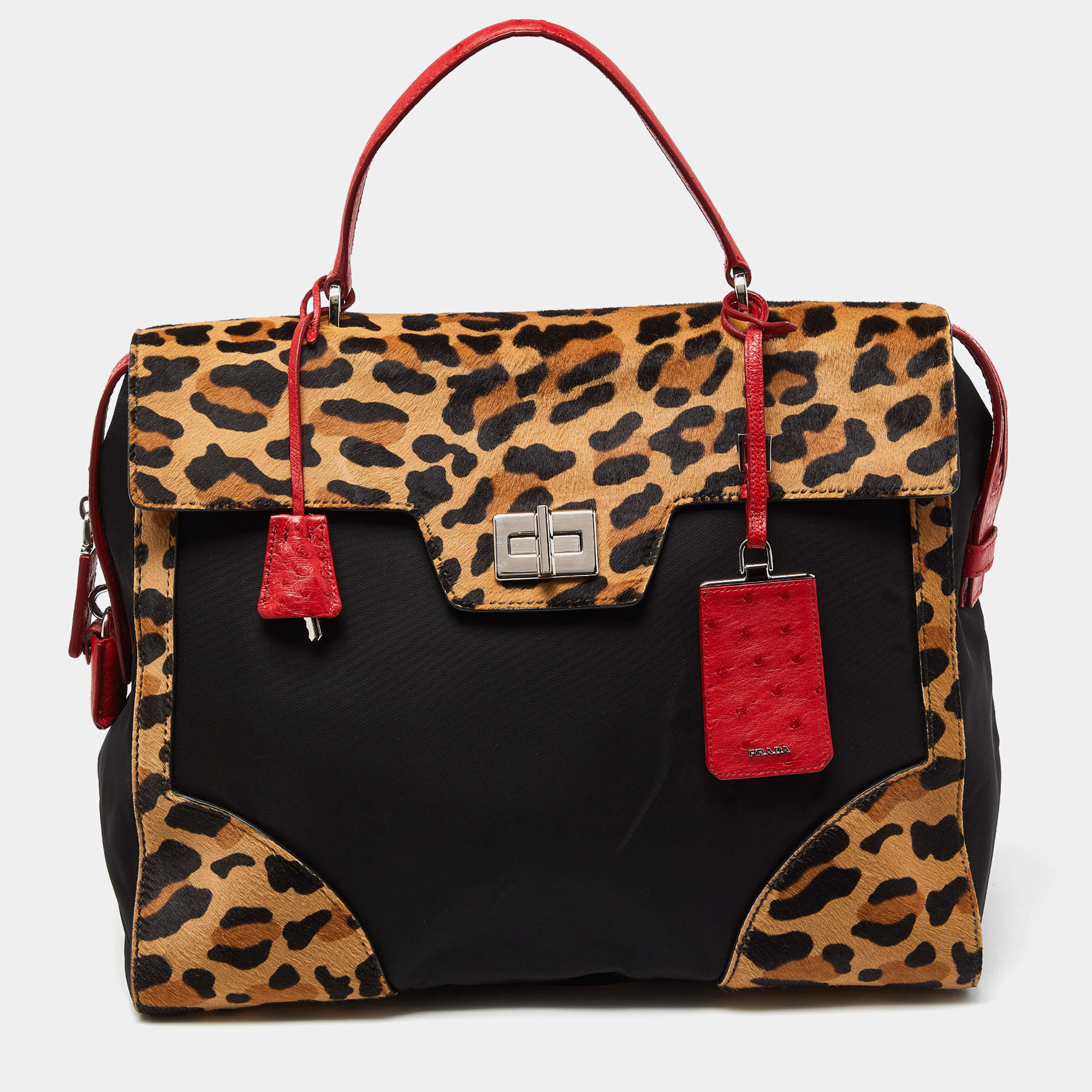 Pre Owned Prada Multicolor Nylon,Calfhair and Ostrich Trim Top Handle Bag