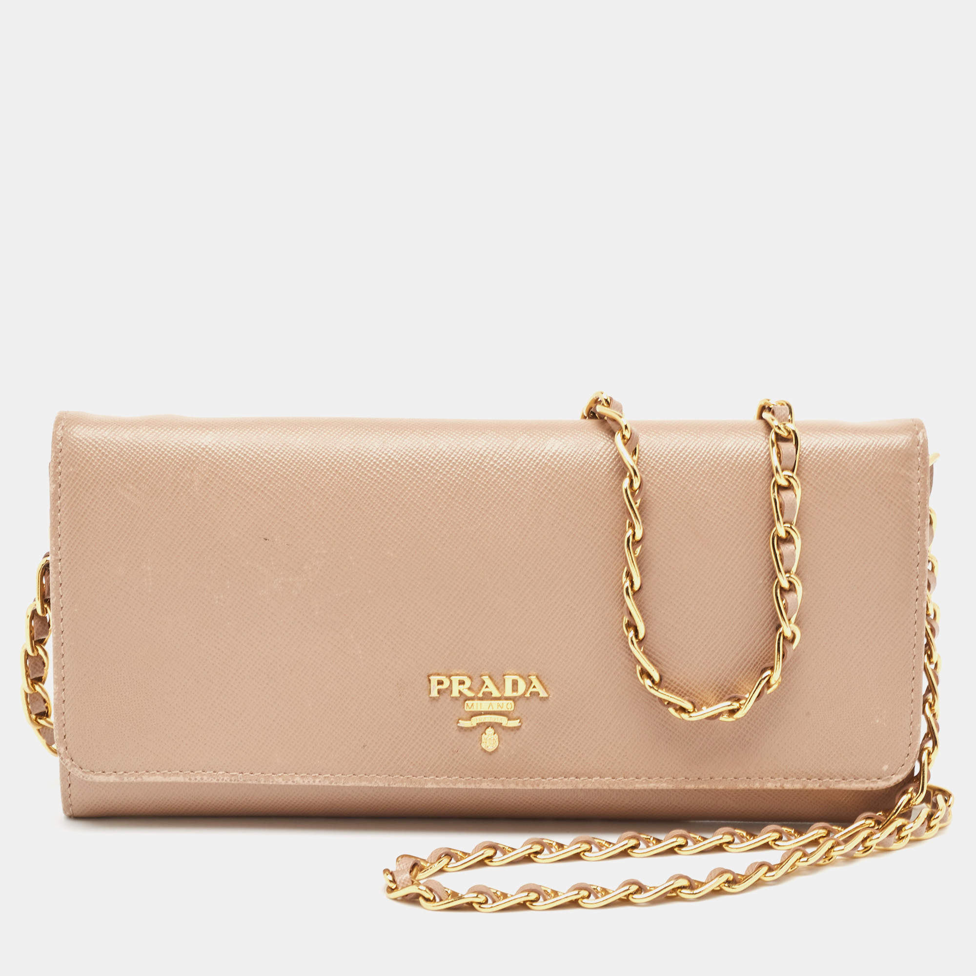 مملوكة مسبق ًا Prada Beige Leather Flap Wallet On Chain