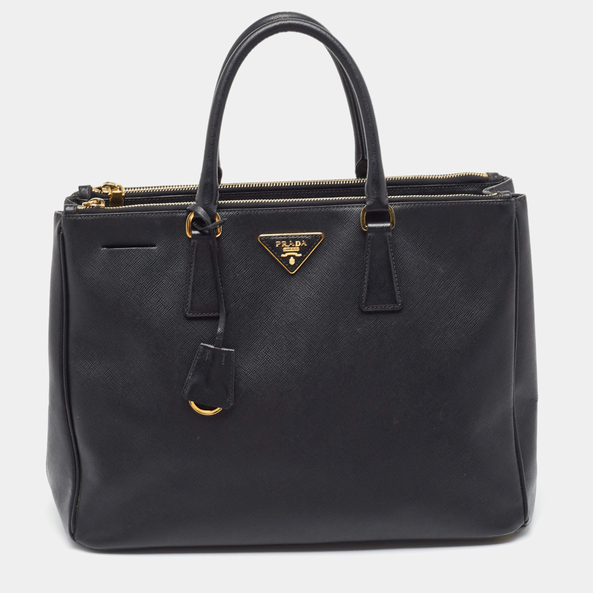 Pre Owned Prada Black Saffiano Leather Large Double Zip Tote