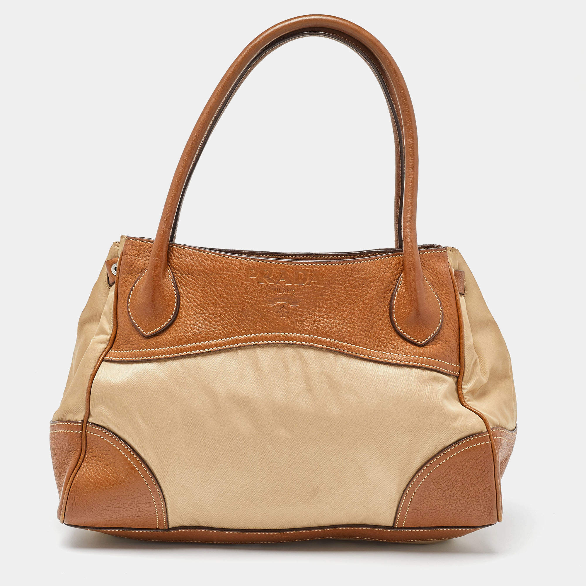 Prada Beige/Brown Leather and Nylon Logo Satchel
