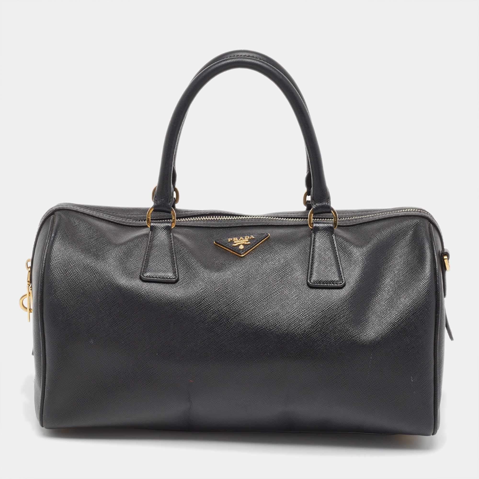 Pre Owned Prada Black Saffiano Lux Leather Boston Bag