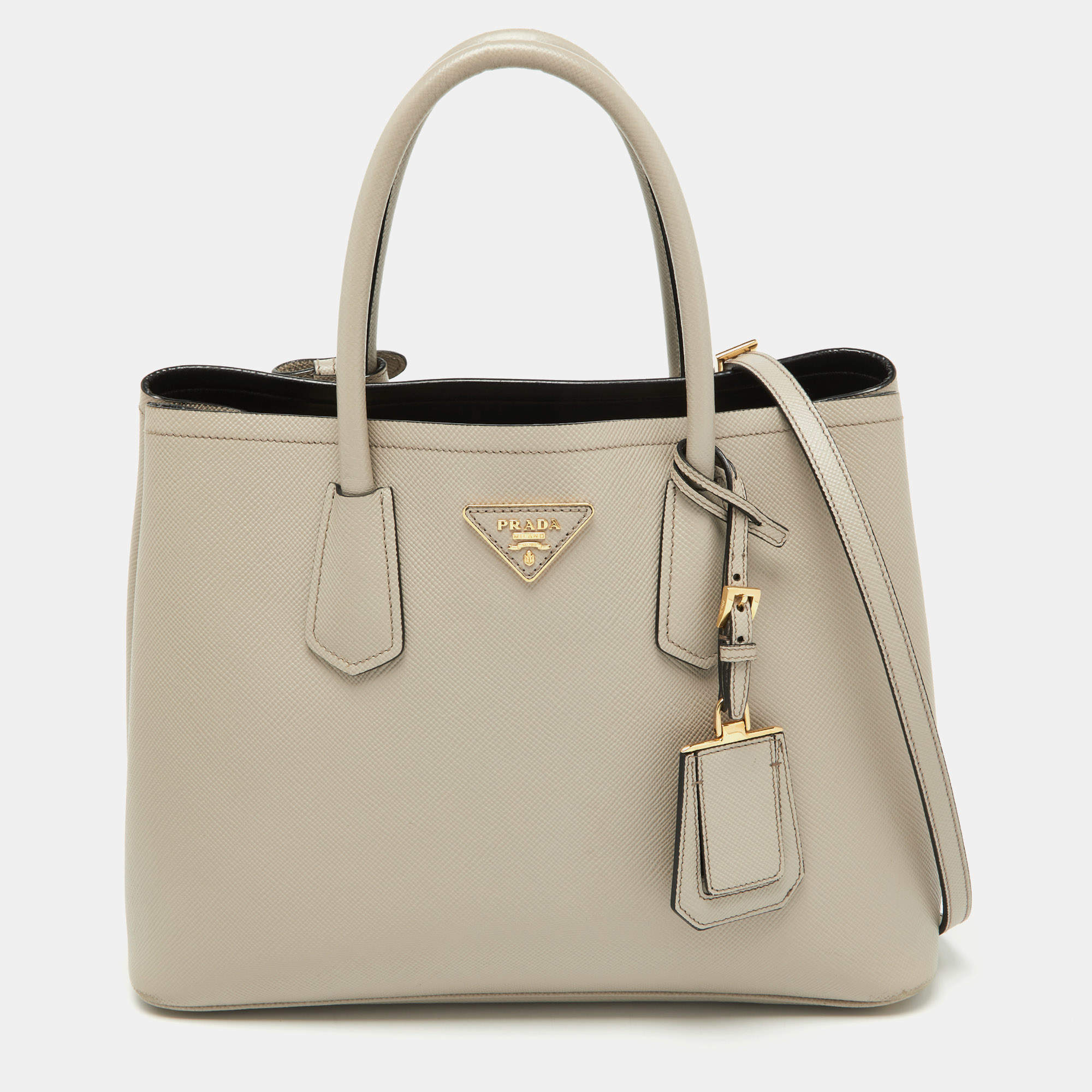 Prada Taupe Saffiano Metal Leather Medium Double Handle Tote