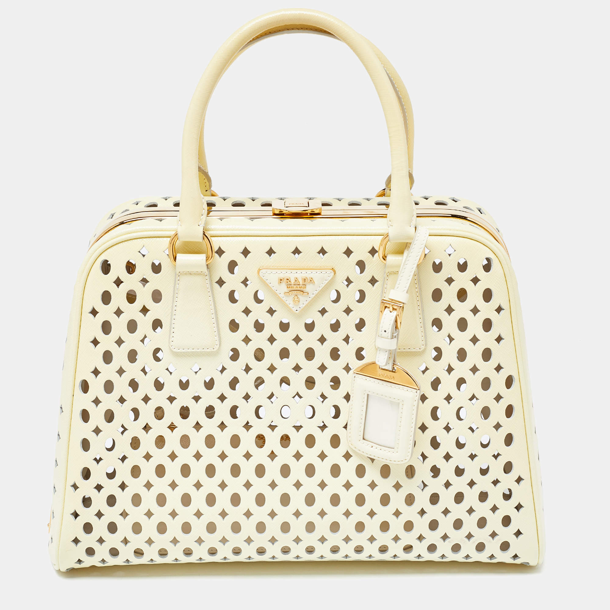 Pre Owned Prada Yellow Saffiano Patent Leather Pyramid Frame Satchel