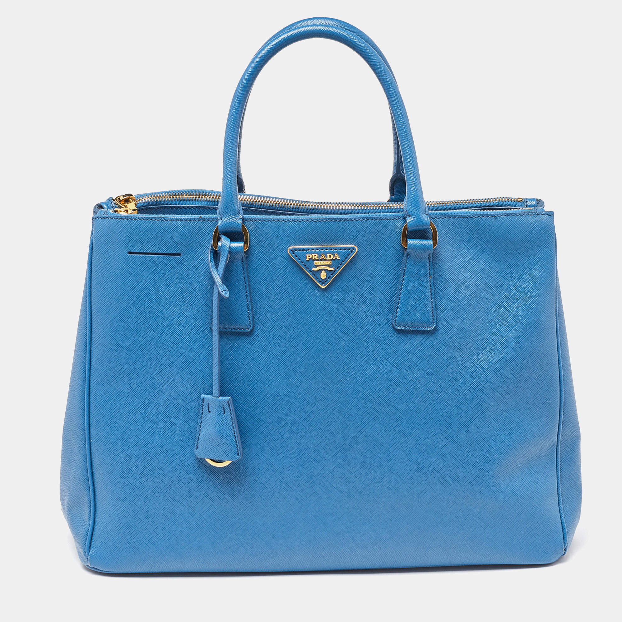 Pre Owned Prada Blue Saffiano Lux Leather Large Galleria Double Zip Tote