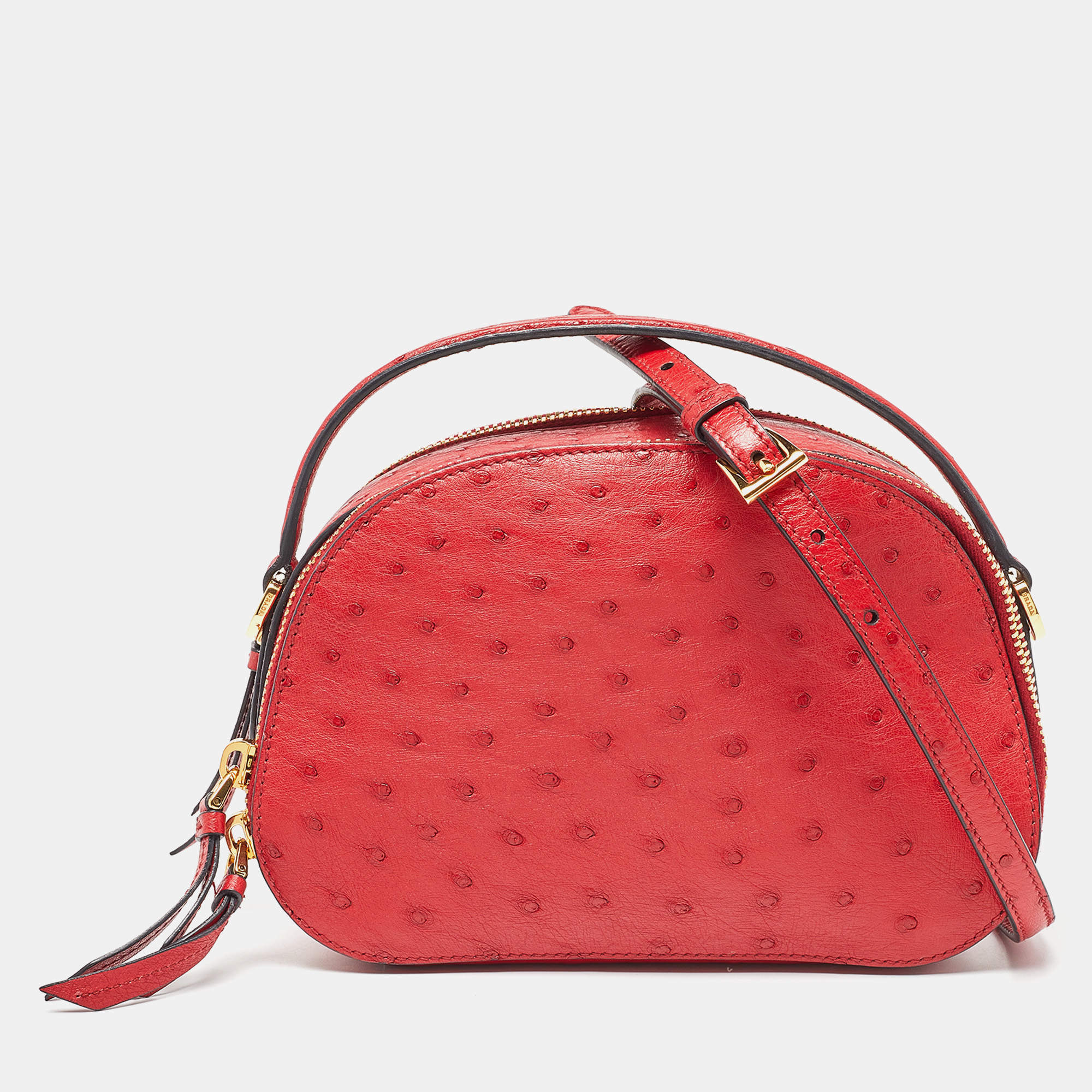 Pre Owned Prada Red Ostrich Bandoliera Odette Top Handle Bag