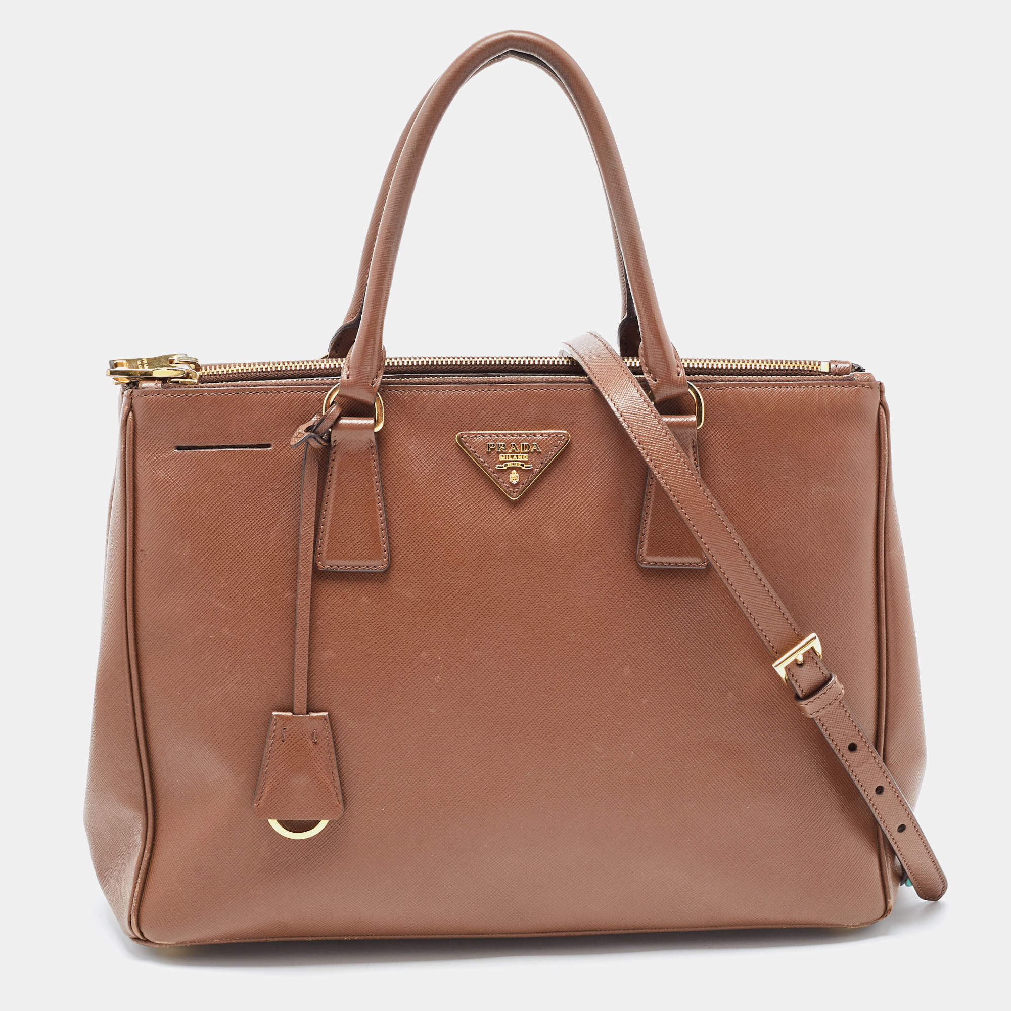 Prada Brown Saffiano Lux Leather Medium Double Zip Tote