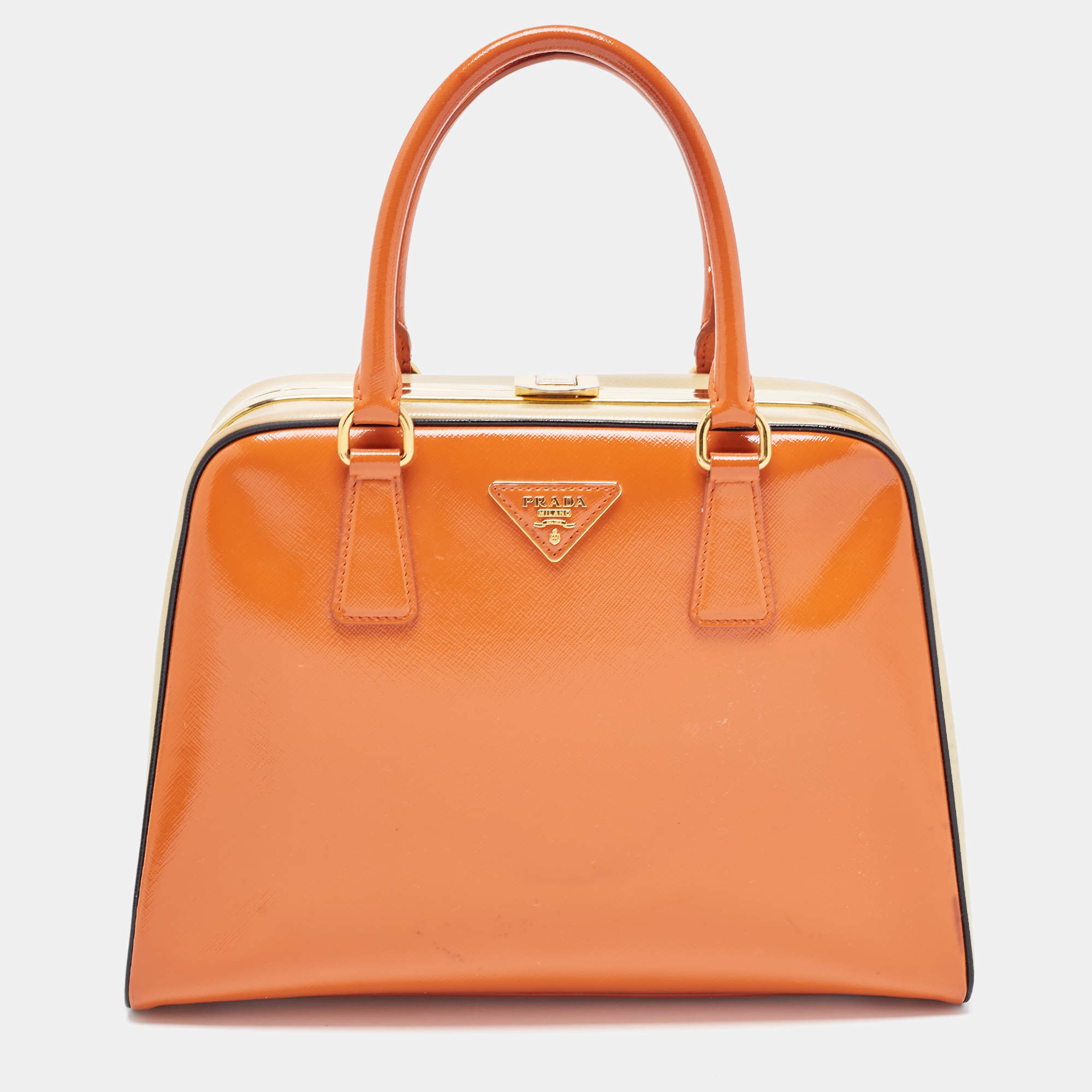 Pre Owned Prada Multicolor Saffiano Vernice Leather Pyramid Frame Satchel